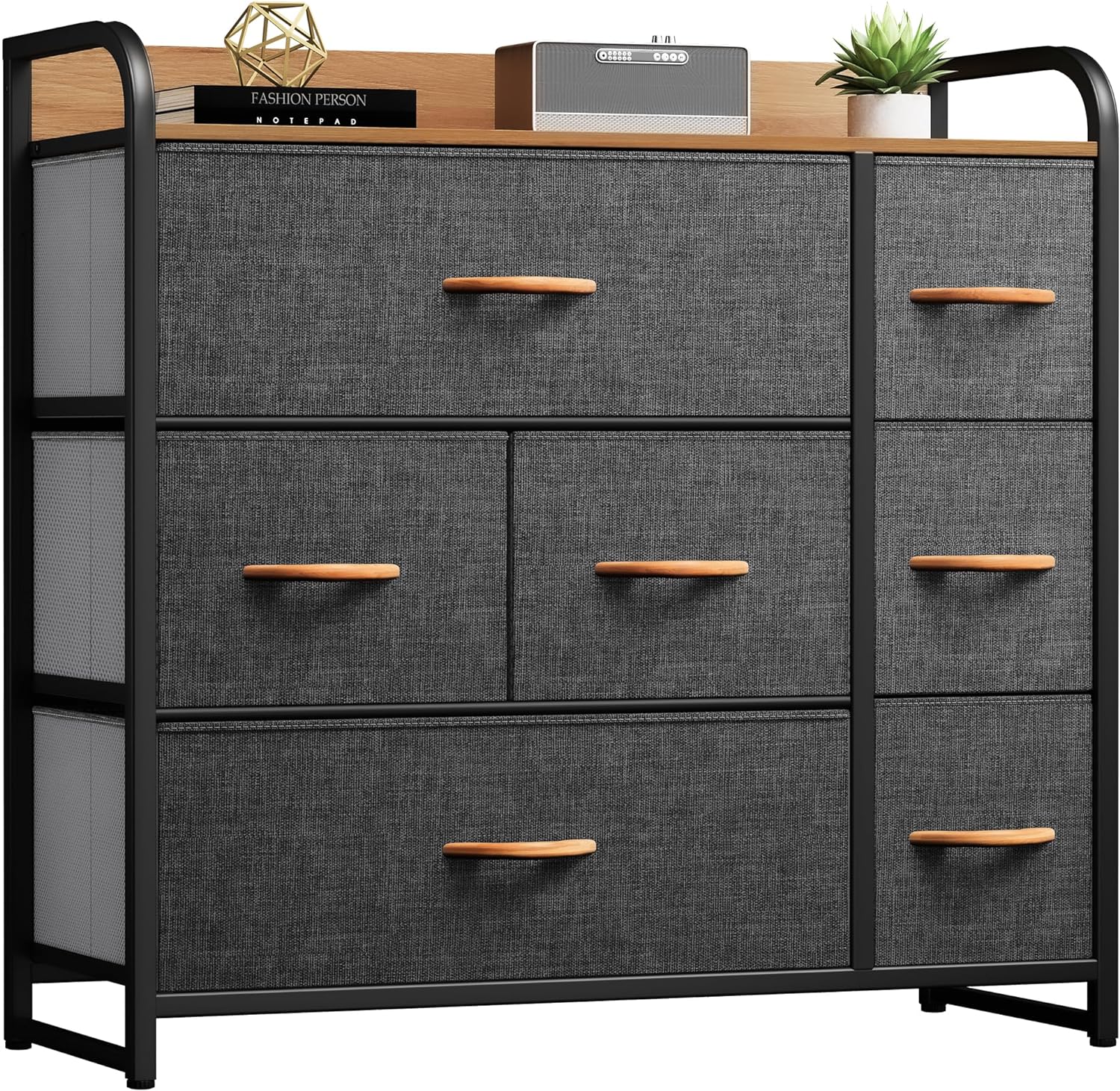 DWVO Fabric Dresser with 7 Drawers, Black Dresser & Chest of Drawers, Storage Tower with Large Capacity, Organizer Unit for Bedroom, Living Room & Closets