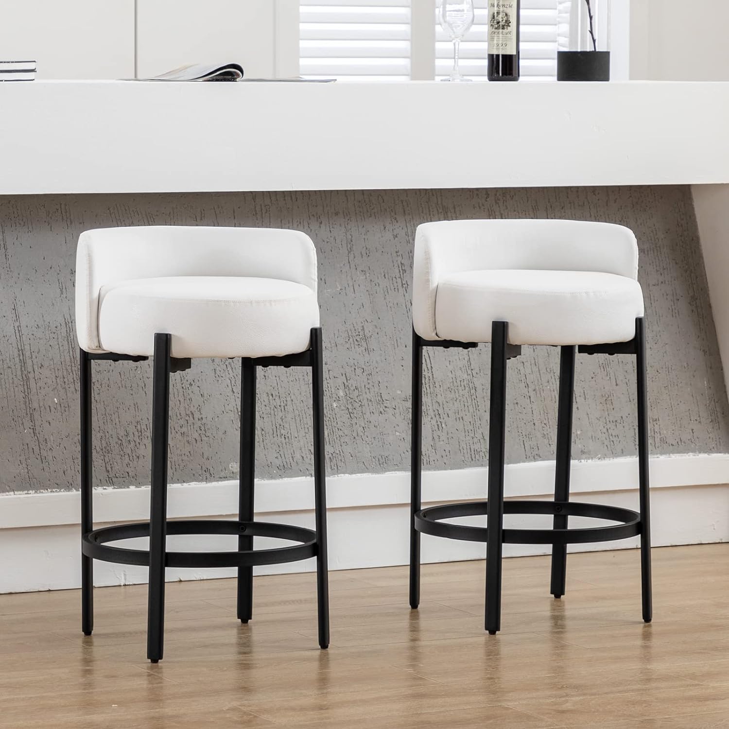 DUOMAY Counter Height Bar Stools 26 Round Barstools Set of 2, Modern Faux Leather Counter Stools with Black Metal Legs for for Kitchen Island Counter, Small Space, White