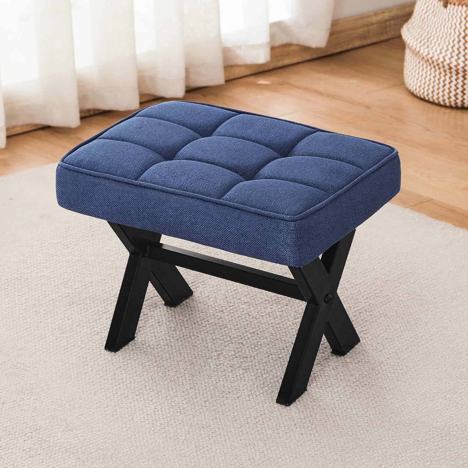 LUE BONA Foot Stool, 12 H Small Foot Stools Ottoman, Durable Fabric Footstool with Metal X-Leg, Padded Foot Rest Step Stool Extra Seating for Living Room, Bedroom, Entryway, Office, Dark Blue