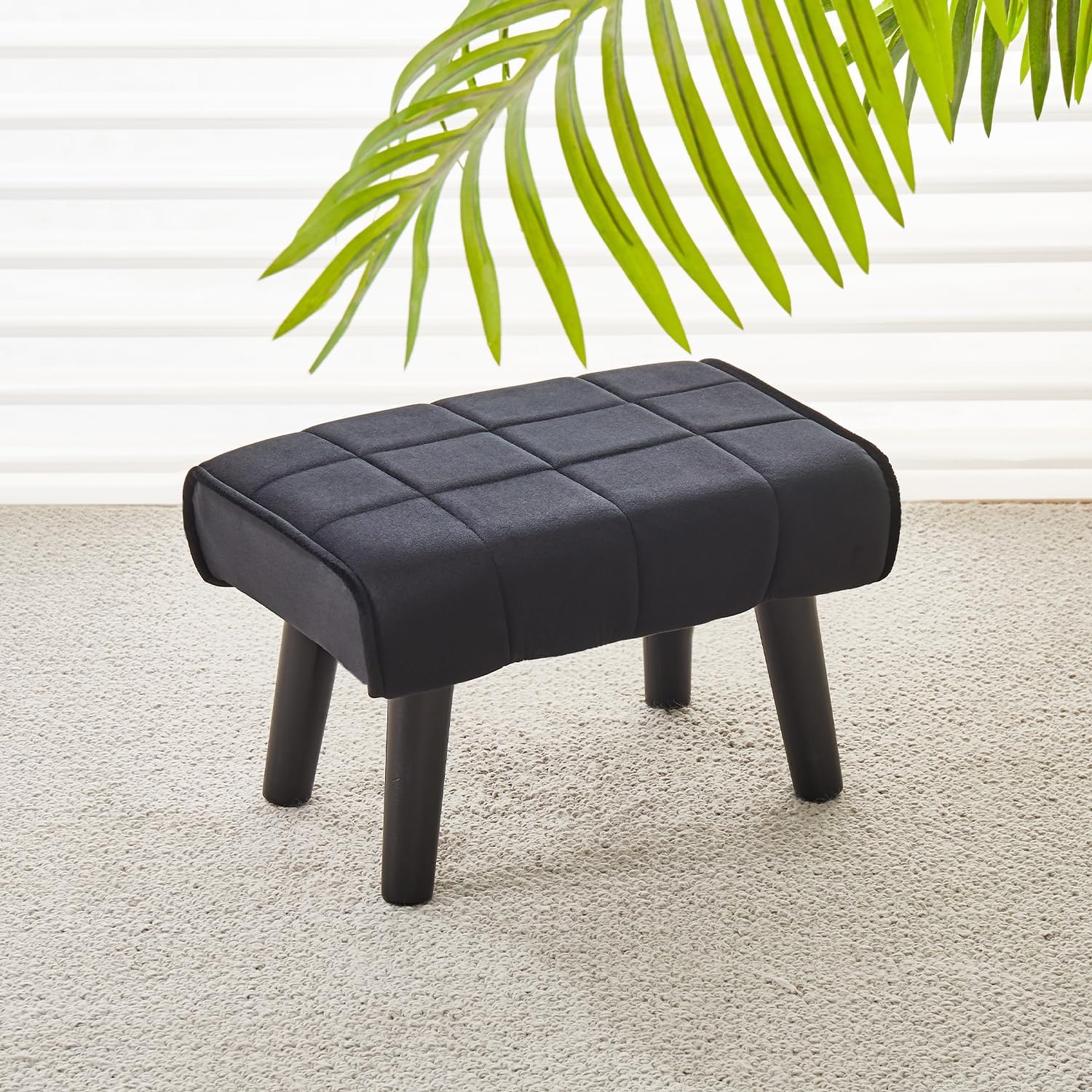 Cpintltr Velvet Wooden Step Stool for Adults Velvet Upholstered Small Ottoman Foot Rest Stools Modern Rectangle Foot Stool Pouf Ottoman Sofa Footrest for Couch Chair Living Room Easy Assembly Black