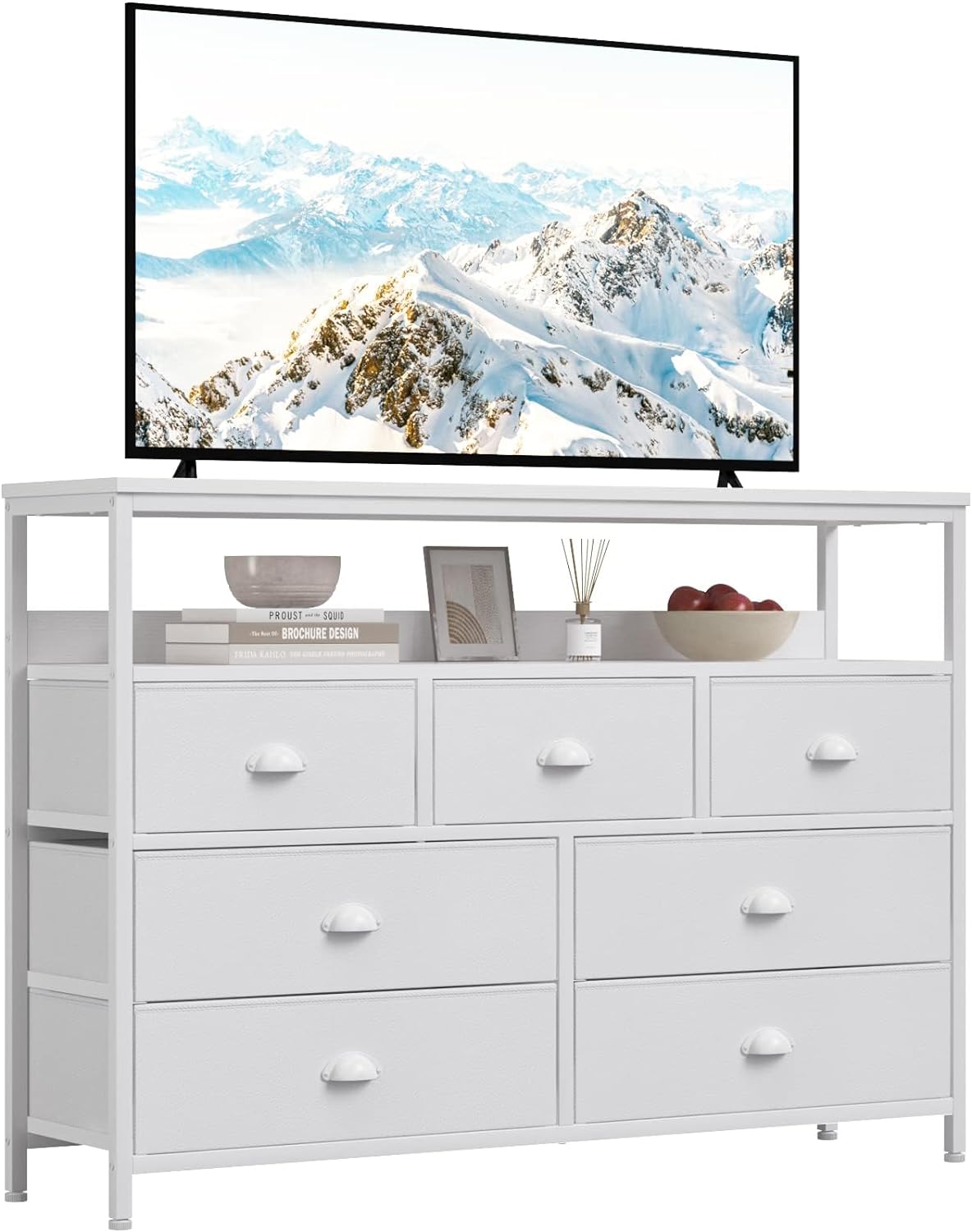 Furologee White TV Console Table, TV Stand with 7 Storage Drawer, Sofa Table with 2-Tier Shelves, Entertainment Center for 45 TV, Storage Fabric Drawer Unit for Bedroom, Living Room, Entryway