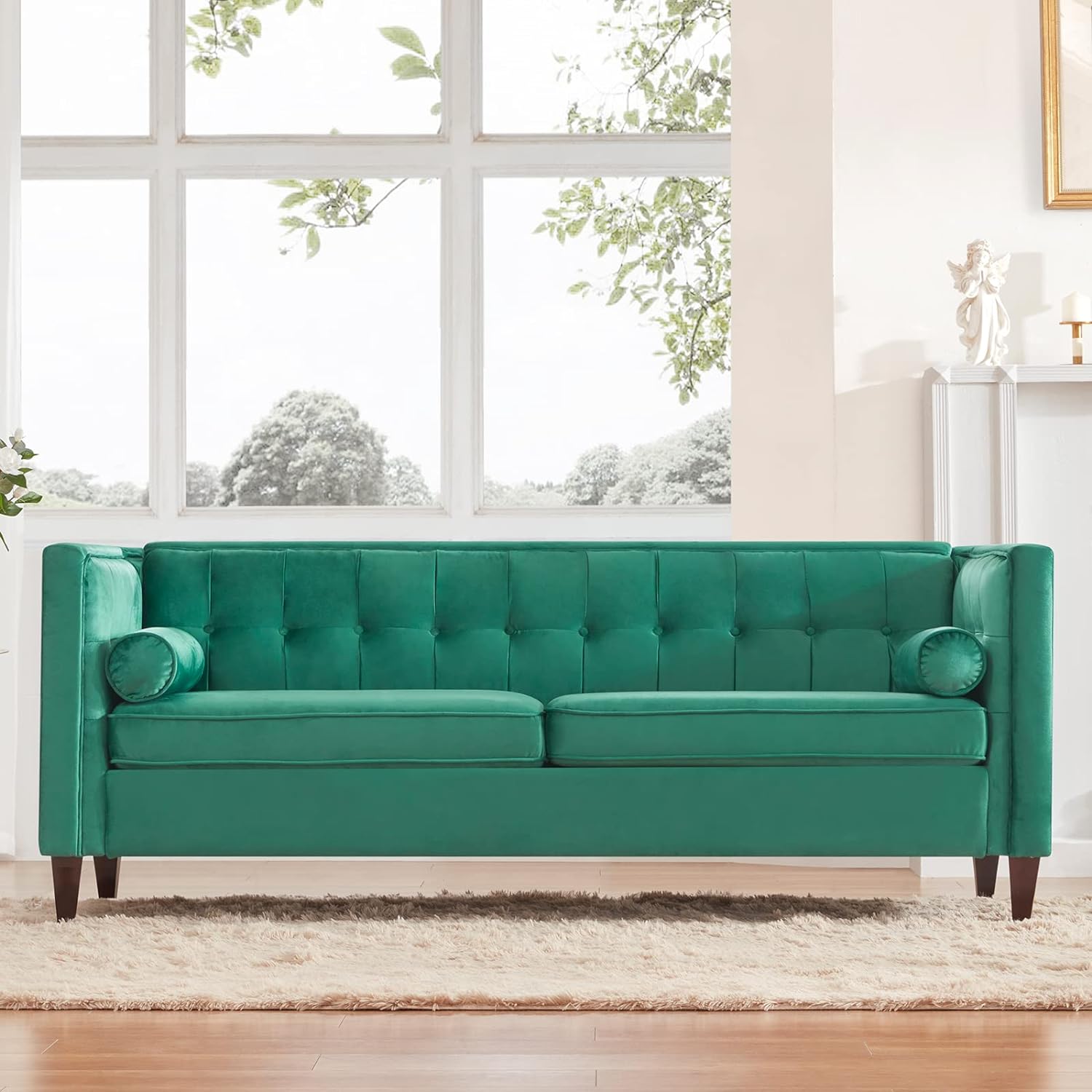 Dreamsir 58'' W Velvet Sofa, Mid-Century Love Seats Sofa Furniture with Bolster Pillows, Button Tufted Couch for Living Room, Tool-Free Assembly (Loveseat, Green)