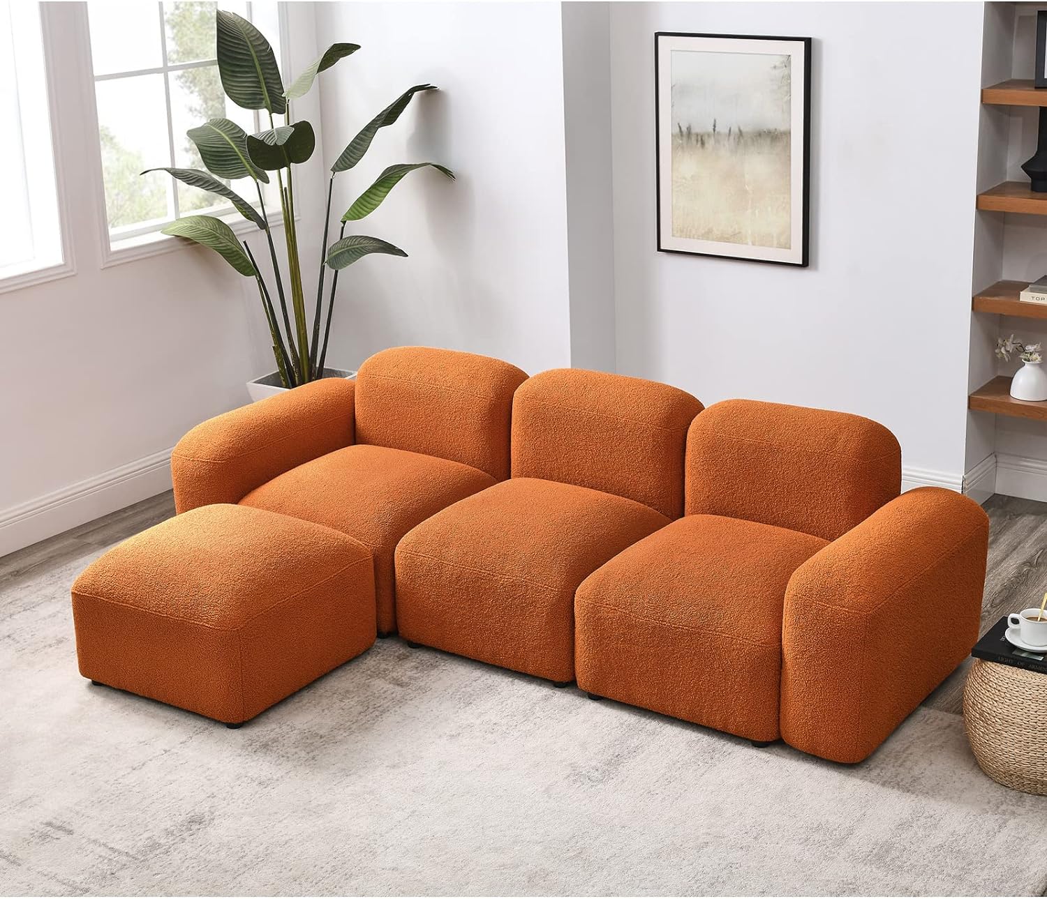 Convertible Modular Sectional Sofa, Teddy Fabric L-Shaped Modern Futon Couch with Reversible Ottoman Chaise, 3-Seater Sherpa Sofas for Living Room Apartment, 94, Orange