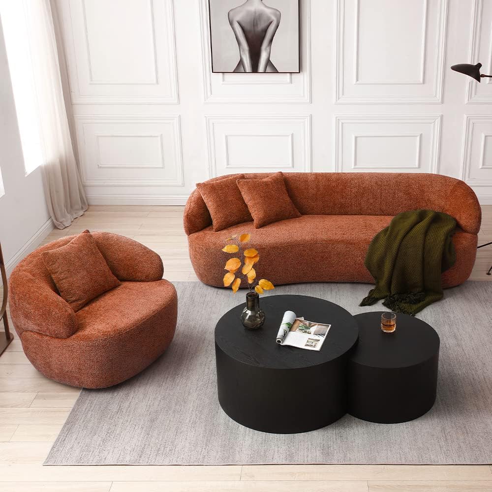 WILLIAMSPACE Luxury Modern Curved Sofa with Round Swivel Accent Sofa Chair 2-Piece Set, Back Upholstered Boucle Fabric Couch with 3 Throw Pillows for Living Room, Office, Apartment, Orange