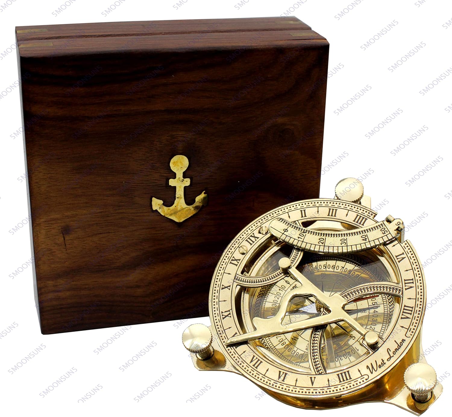 5MoonSun5' Nautical West London Sundial Compass 4'' inches Premium Quality Handcrafted Brass Compass with Handcrafted Rosewood Anchor Inlaid CaseBox Maritime Decor Gifts Steampunk Collectibles