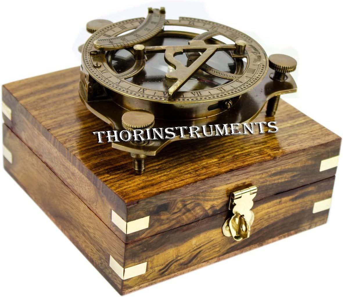THOR INSTRUMENTS 5 Triangular Beautiful Nautical Sundial Compass with Level Meter Encased in Genuine Rosewood Anchor Inlaid Case Maritime Decor Gifts Rustic Vintage Home Decor Gifts