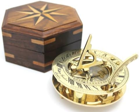 Nautical Solid Brass Round Sundial Compass with Design Rosewood Box, Brass Rustic Vintage Home Decor Gifts