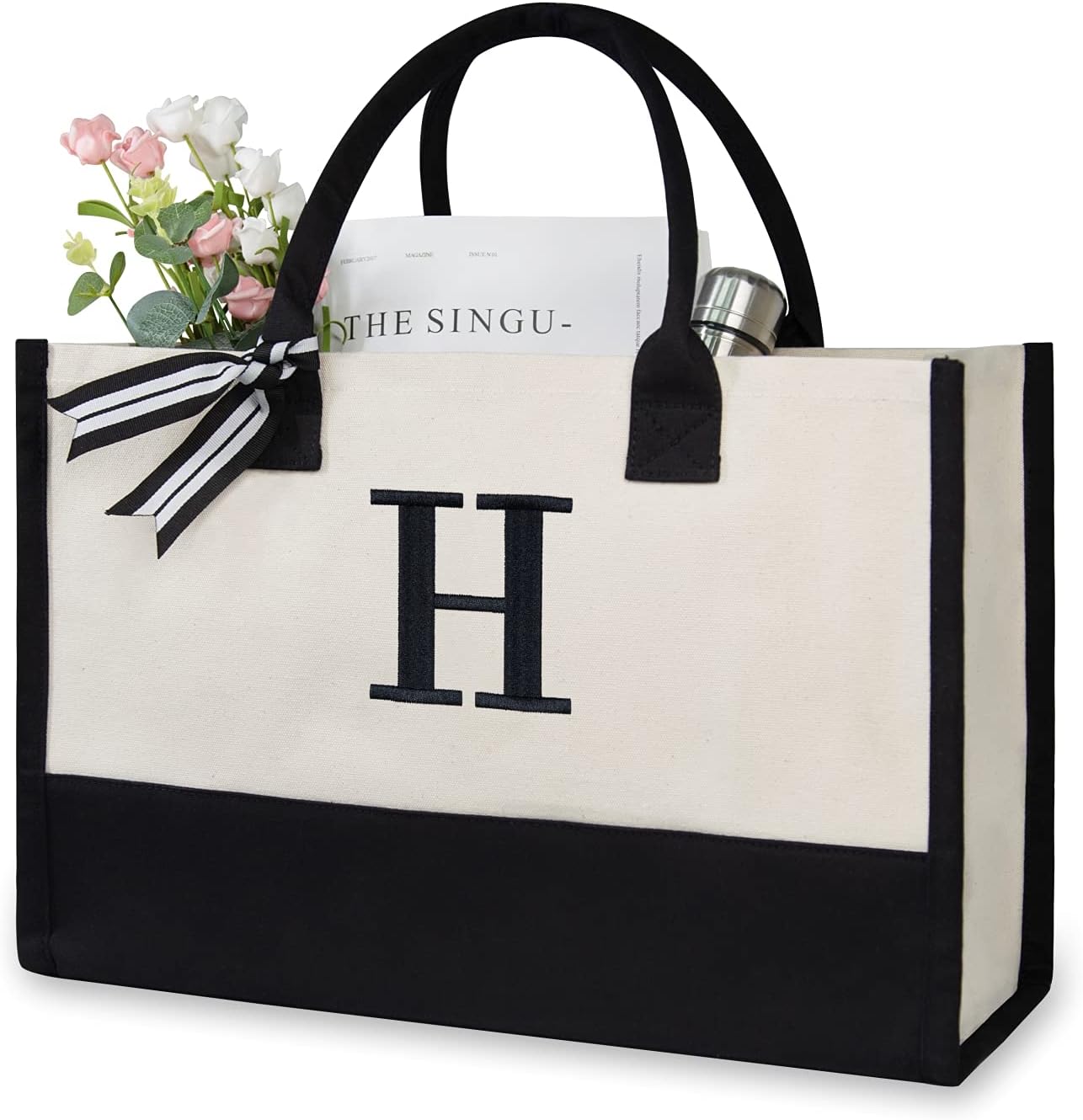 TOPDesign Personalized Initial Canvas Beach Bag, Monogrammed Gift Tote Bag for Women