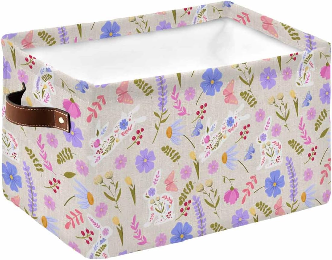 Floral Easter Rabbits Cube Storage Organizer Bins with Handles,15x11x9.5 Inch Collapsible Canvas Cloth Fabric Storage Basket,Books Toys Bin Boxes,Closet Boho Colorful Botanical Flower Leaves 1 Pack