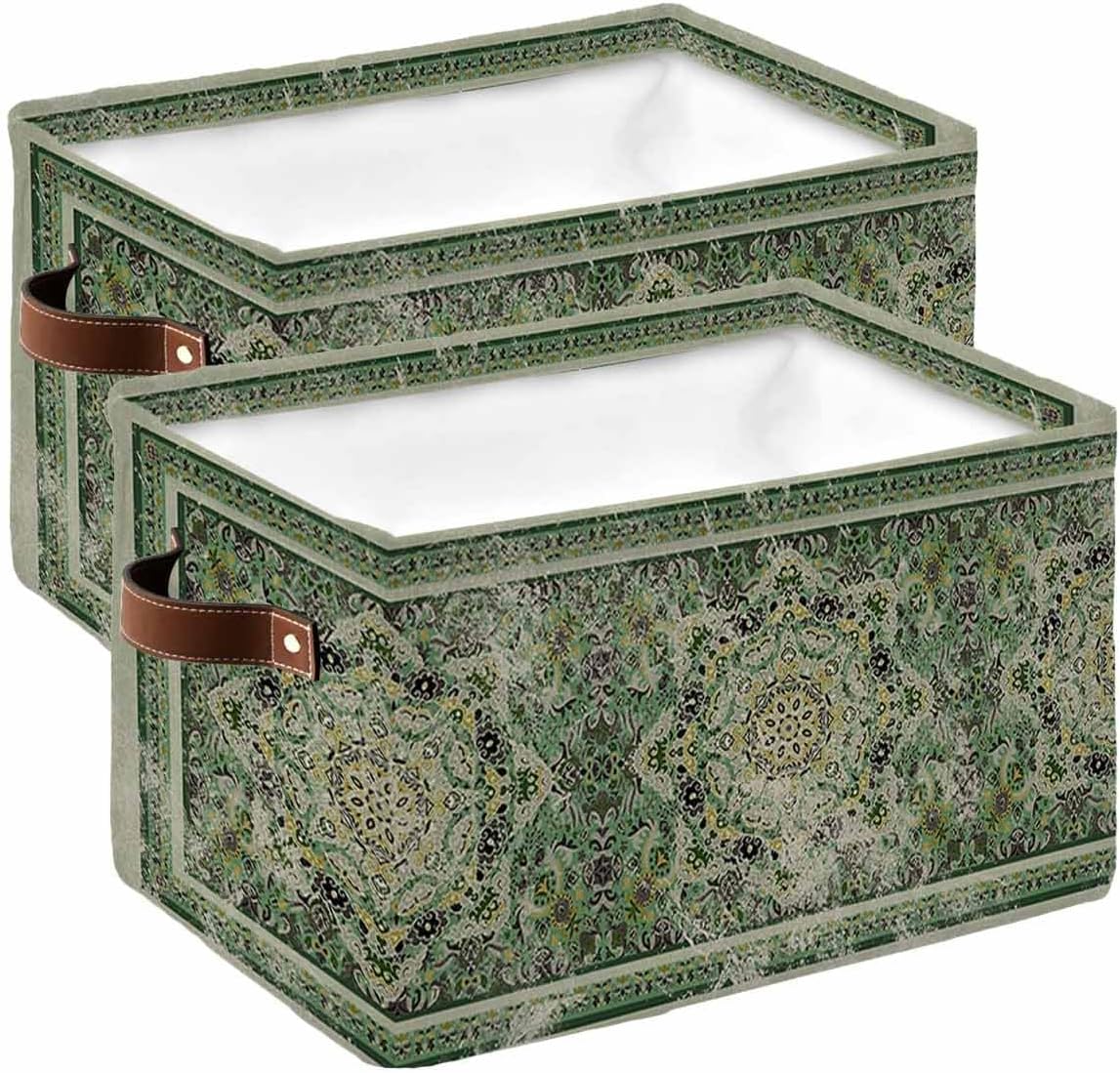 Retro Green Floral Cube Storage Organizer Bins with Handles,15x11x9.5 Inch Collapsible Canvas Cloth Fabric Storage Basket,Books Toys Bin Boxes,Closet Rustic Tribal Ethnic Bohemian Farmhouse 2 Packs