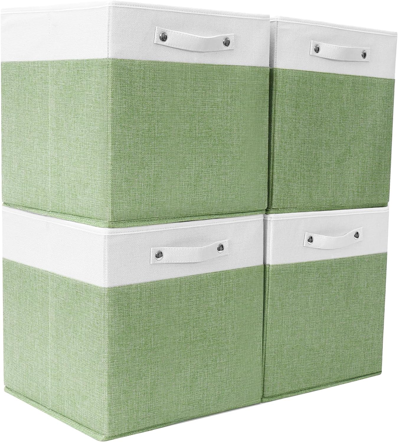 Large Foldable Cube Storage Bins, 13x13x13 Inch With Handles Coarse Linen Fabric Storage Box, Basket For Organizing Shelves, Home Cabinets and Office, 4 Packs (White and Green)