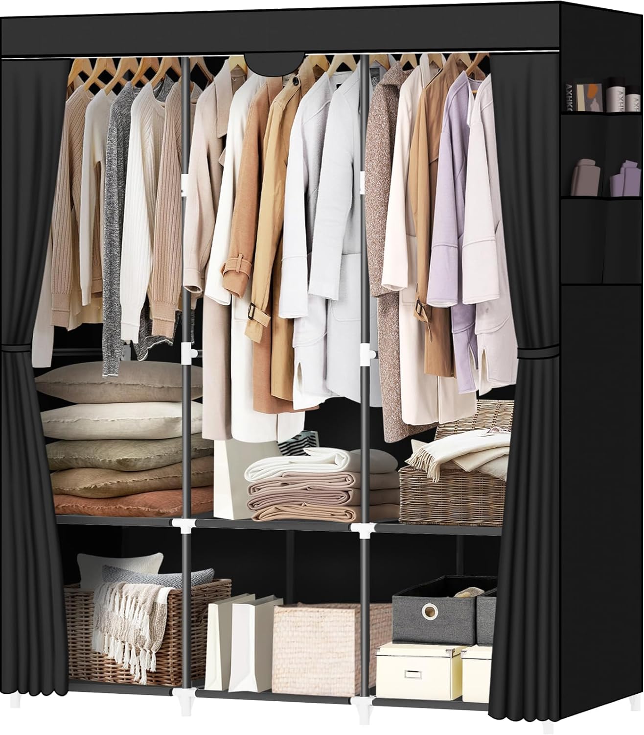 LOKEME Portable Closet, Portable Closets for Hanging Clothes with 3 Hanging Rods and 6 Storage Shelves and 4 Side Pockets, Black Wardrobe Closet Easy to Assemble and Strong and Stable