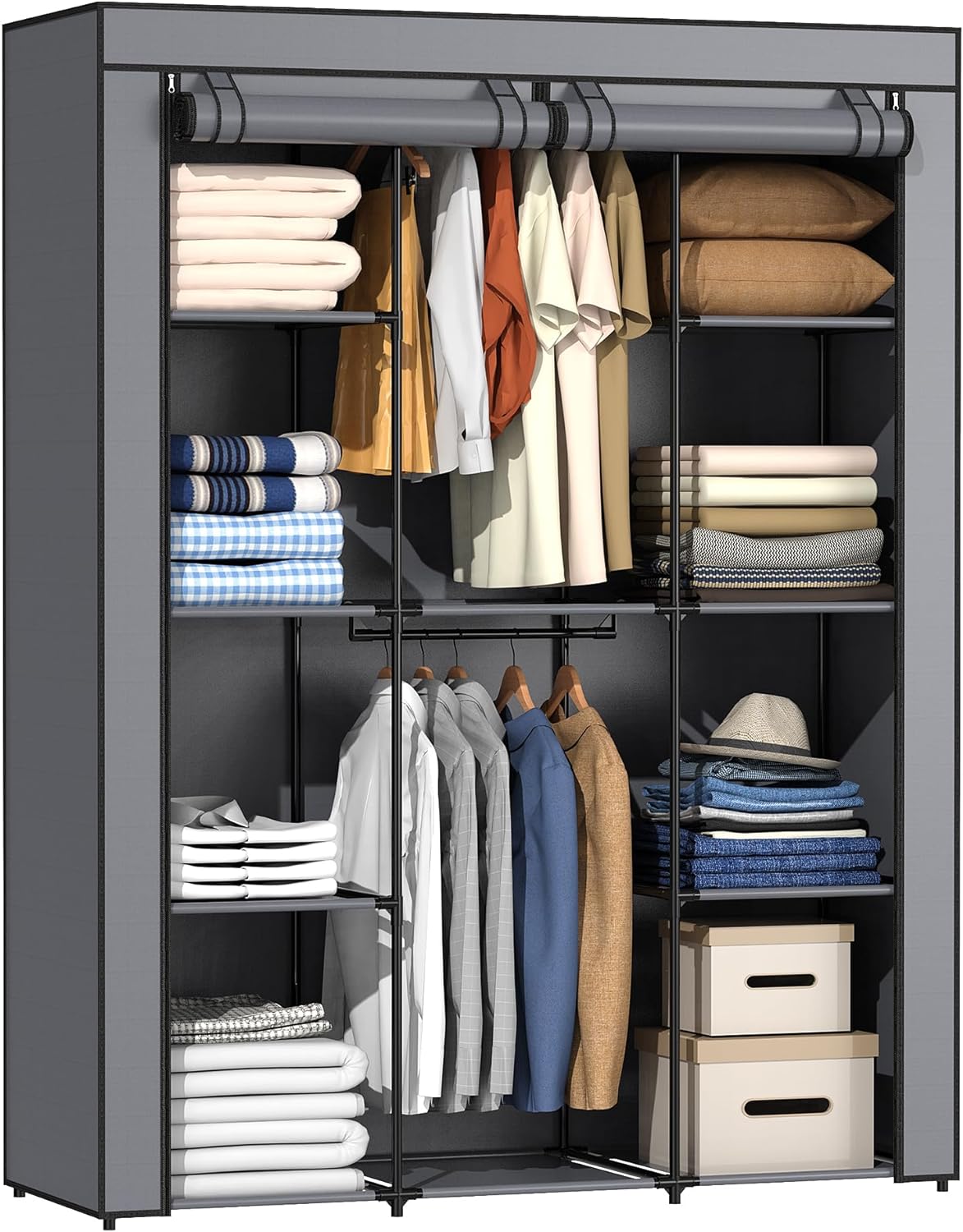 Portable Closet, Wardrobe Closet with 10 Storage Shelves and 2 Hanging Rods, Non-Woven Fabric Cover, 52.4 x 18.1 x 66.6 Inches Closet Organizer for Bedroom, Gray