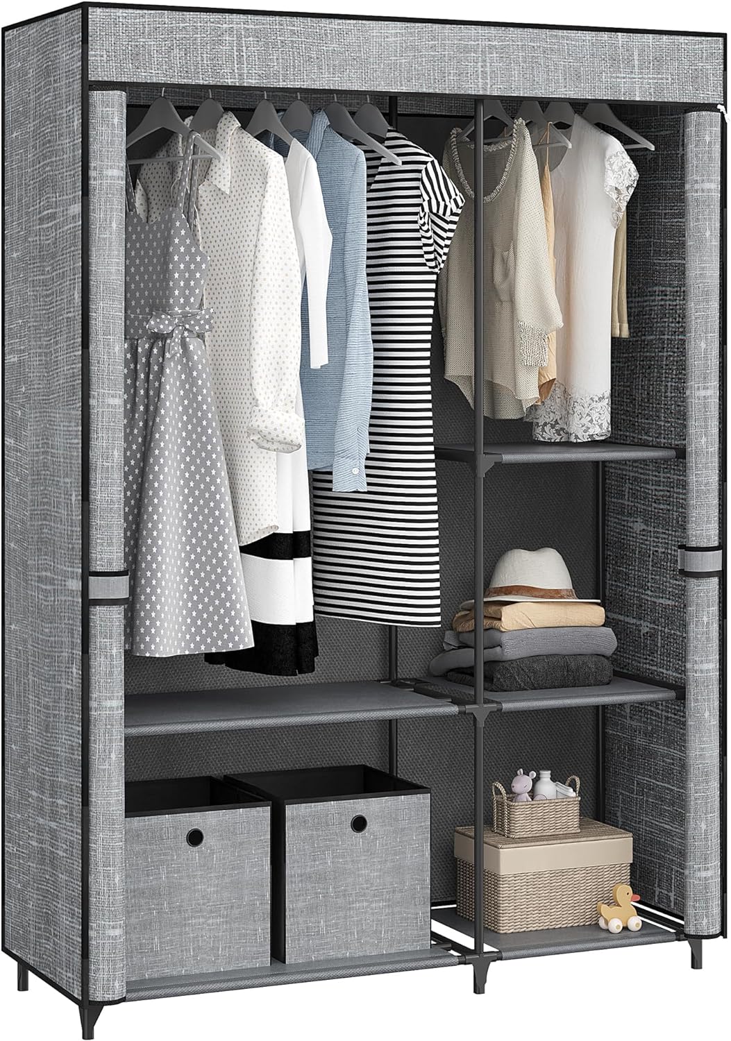 Closet Wardrobe, Portable Closet for Bedroom, 2 Clothes Rail Clothes Rail with Non-Woven Fabric Cover, Clothes Storage Organizer, 47.6 x 17.7 x 66 Inches, 5 Compartments, Gray WO0503GC