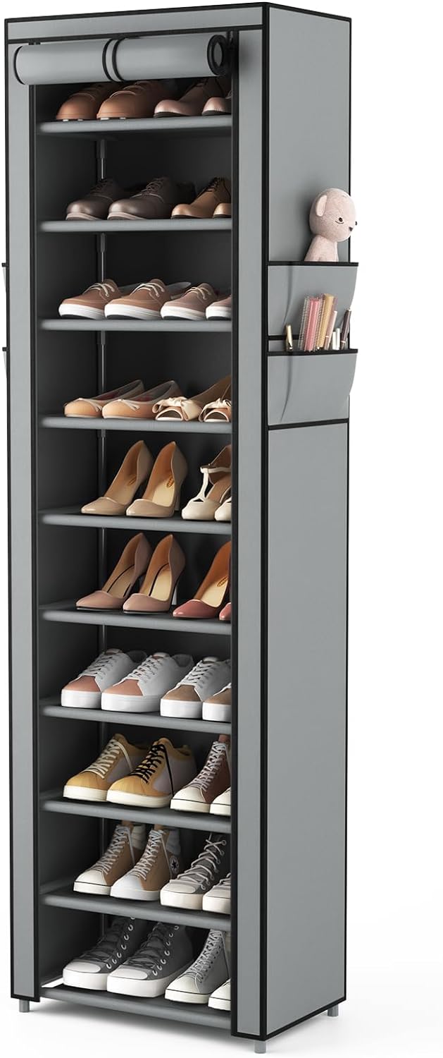 VTRIN Vertical Narrow Shoe Rack Organizer Tall Shoe Rack for Closet Entryway 10 Tier Non-Woven Cover Shoe Shelf Holds 20-22 Pairs Free Standing Shoe Storage Cabinet with Dustproof Cover, Grey