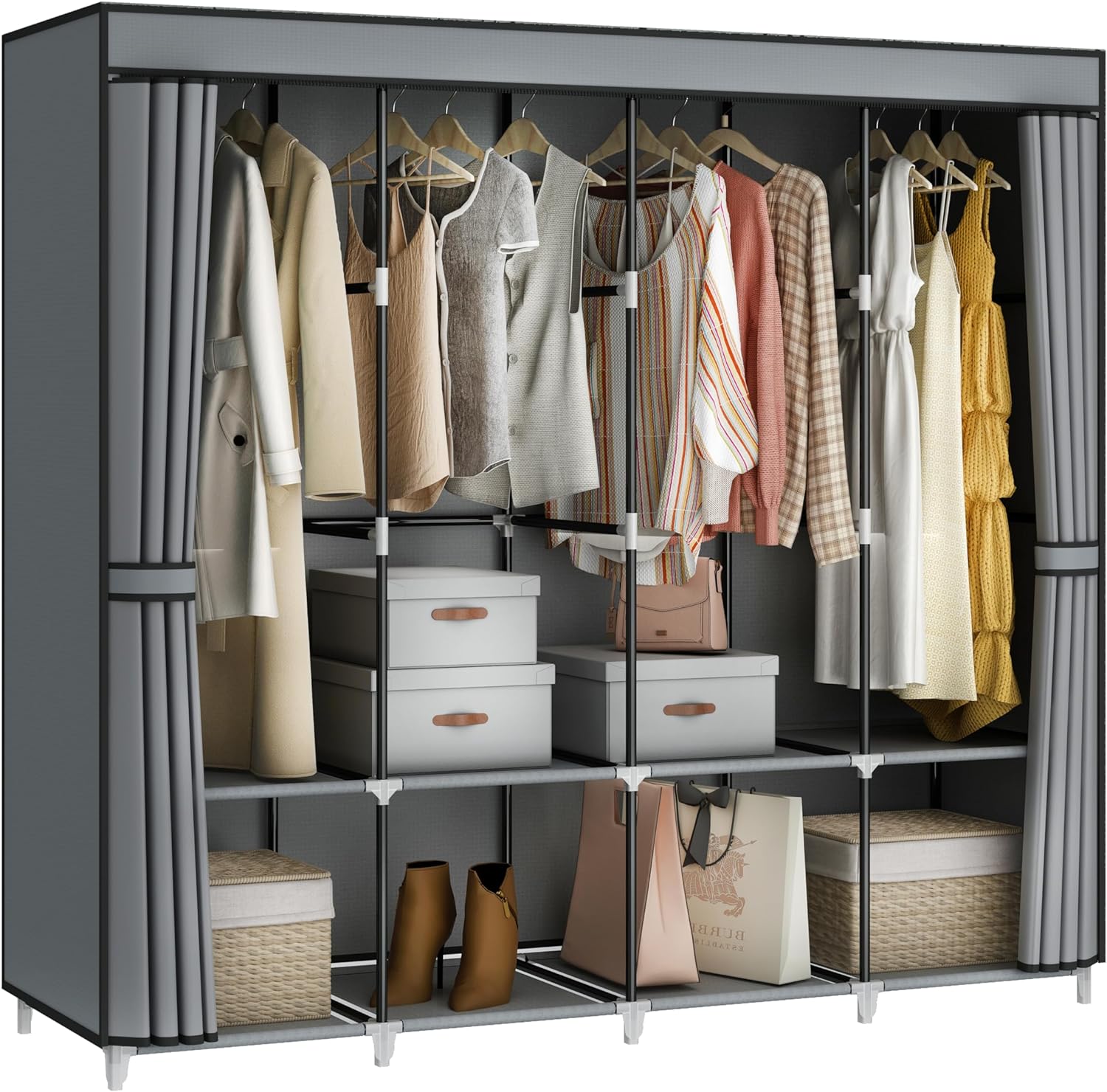 67 Inch Large Capacity Portable Closet Wardrobe with Non-Woven Fabric Cover, 4 Hanging Rods, 8 Shelves - Grey Clothes Storage Organizer for Hanging Clothes