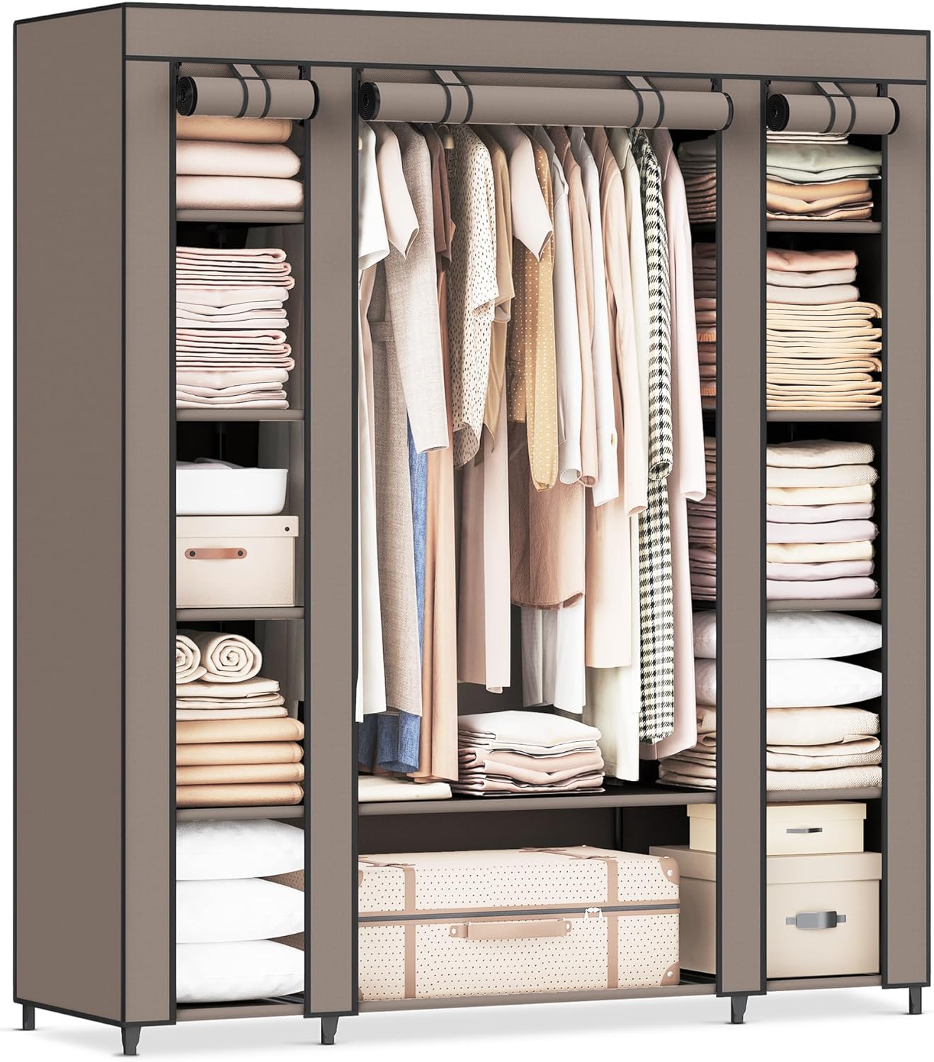 SONGMICS Closet Wardrobe, Portable Closet for Bedroom, Clothes Rail with Non-Woven Fabric Cover, Clothes Storage Organizer, 59 x 17.7 x 69 Inches, 12 Compartments, Taupe ULSF003R02