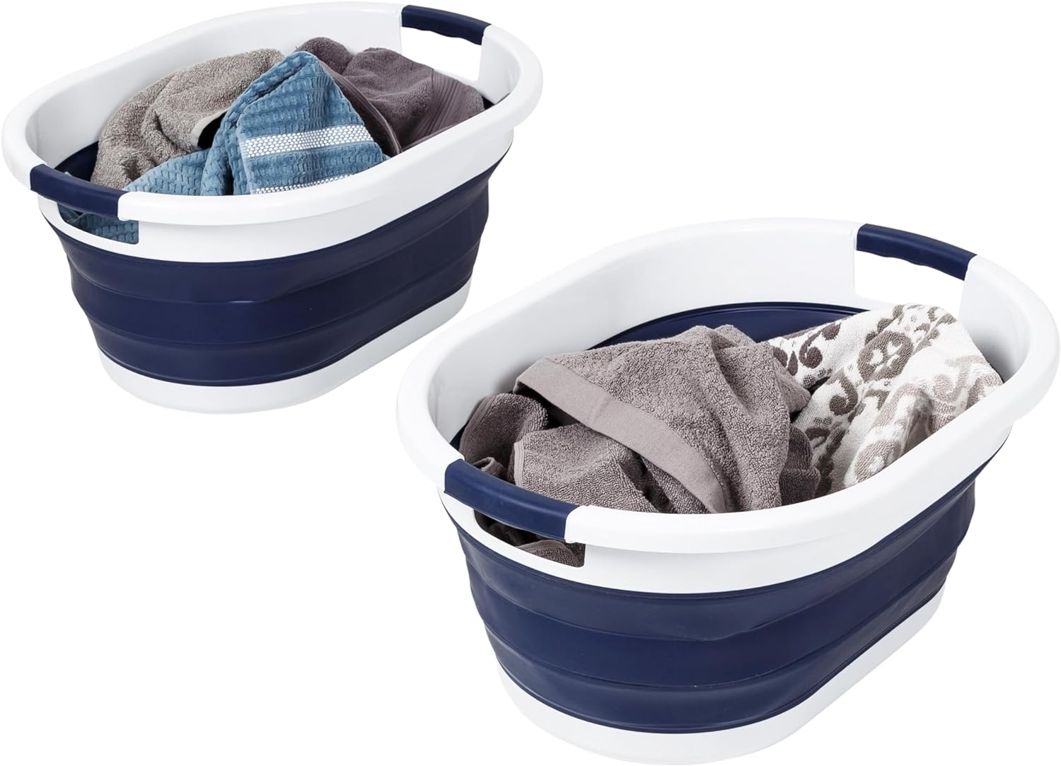 Honey-Can-Do Honey Can Do Set of 2 Collapsible Rubber Laundry Baskets With Handles, Navy Blue & White HMP-09827 Navy Blue