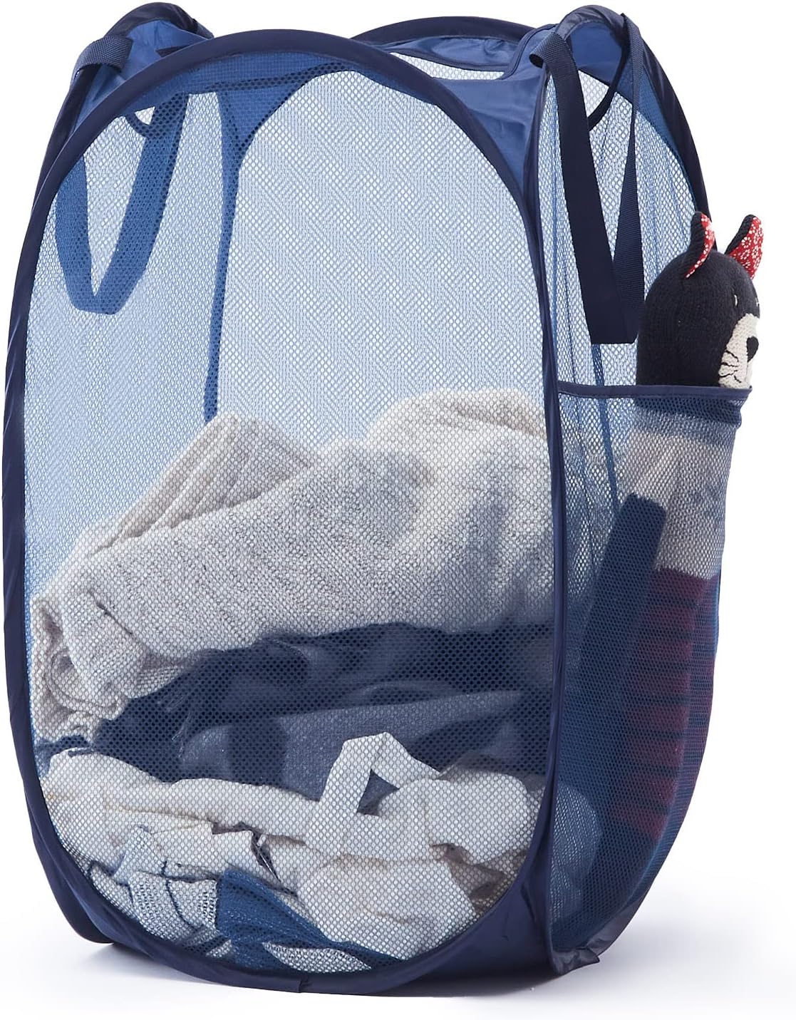 Mesh Pop Up Laundry Hamper with Durable Handles - Portable Collapsible Clothes Baskets for Dorm, Bathroom & Travel (Blue)