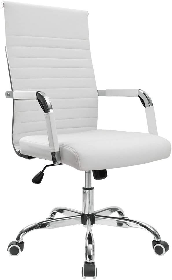 Furmax Ribbed Office Desk Chair Mid-Back PU Leather Executive Conference Task Chair Adjustable Swivel Chair with Arms (White)