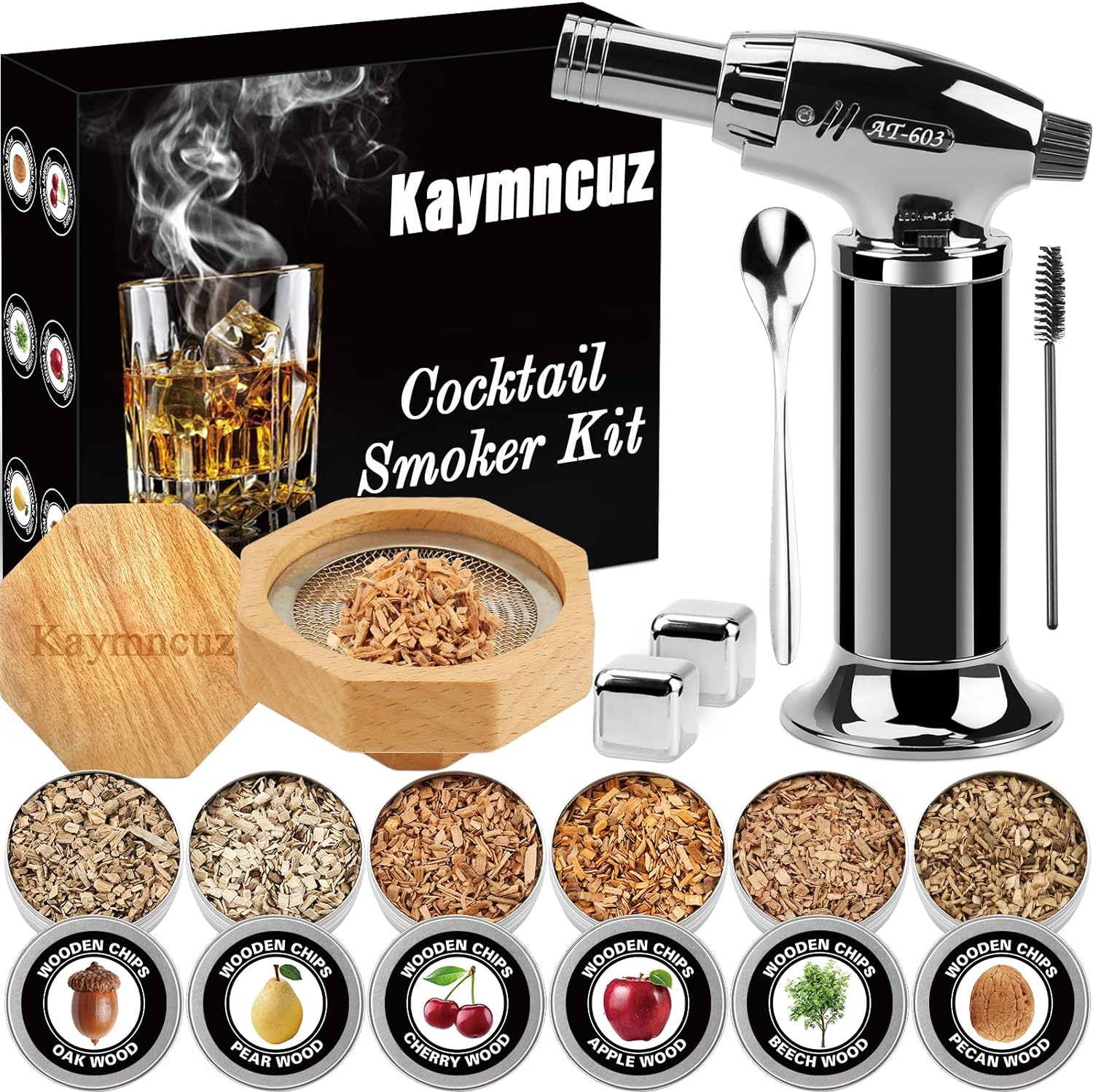 Cocktail Smoker Kit with Torch, Kaymncuz Whiskey Smoker Kit with 6 Flavors Wood Chips, 2 Whiskey Stones, Mens Gifts, Gifts for Men, Dad, Husband(No Butane)