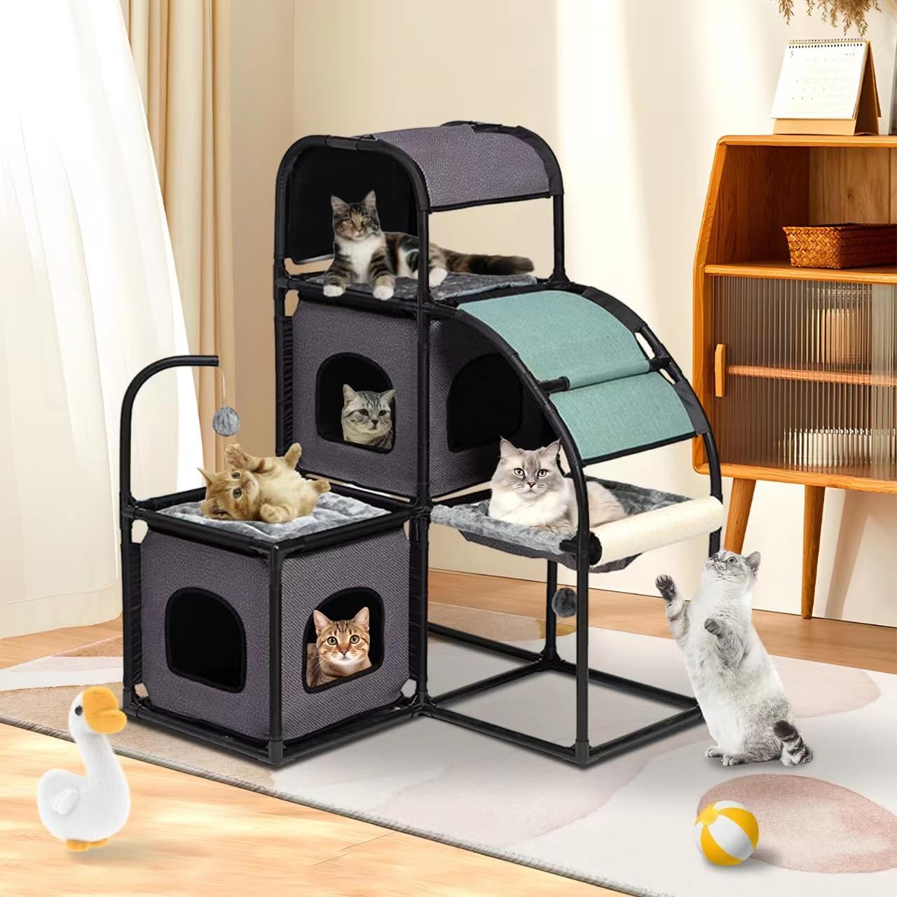 Cat Tree for Large Cat Indoor, Cat Tower, Cat Condo, Two Cat Perch, Two Cat Caves, Soft Cat Basket, Sisal Scratching Stairs, Toys(Grey 02)