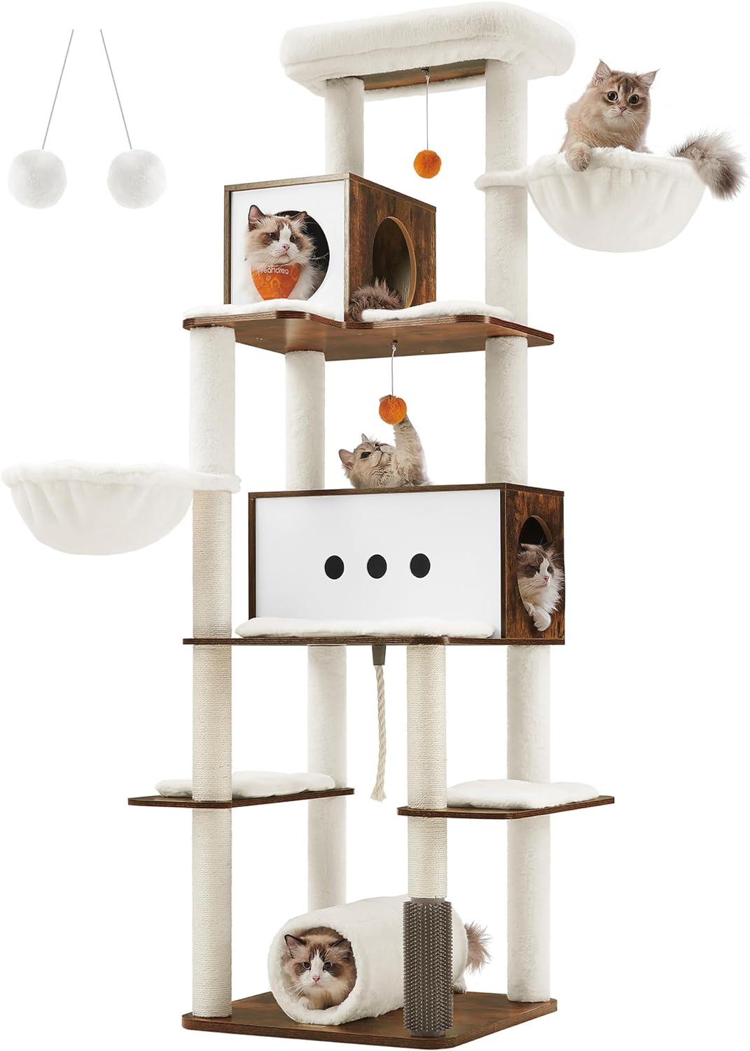 Feandrea Cat Tree, 77.5-Inch Tall Modern Cat Tower, Multi-Level Cat Condo with 2 Caves, 2 Baskets, 4 Scratching Posts, Self-Groomer, Tunnel, Perch, for Indoor Cats, Rustic Brown UPCT193X01