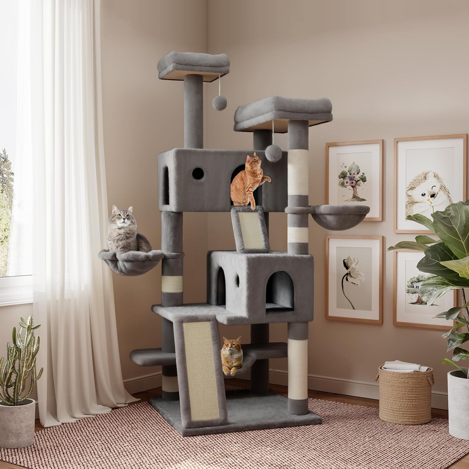 SHA CERLIN 65in Larger Cat Tree Tower Condo for Indoor Cats, Multi-Level Furniture Activity Center with Wide Base/Cozy Plush Cat Perches/Baskets/Sisal Scratching Posts and Hammock/Grey