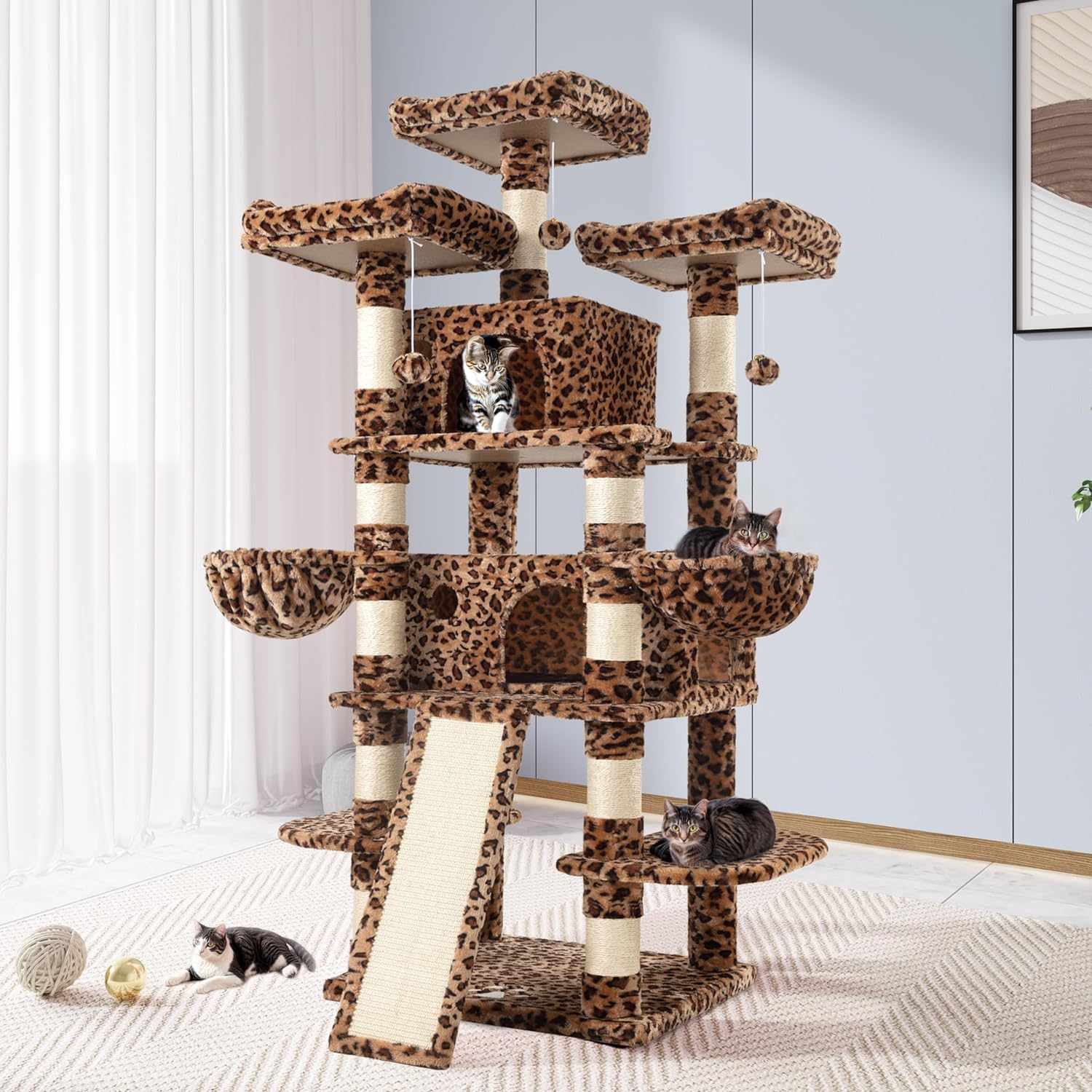 Allewie 68 Inches Cat Tree/Cat Tree House and Towers for Large Cat/Cat Climbing Tree with Cat Condo/Cat Tree Scratching Post/Multi-Level Large Cat Tree/Leopard Print