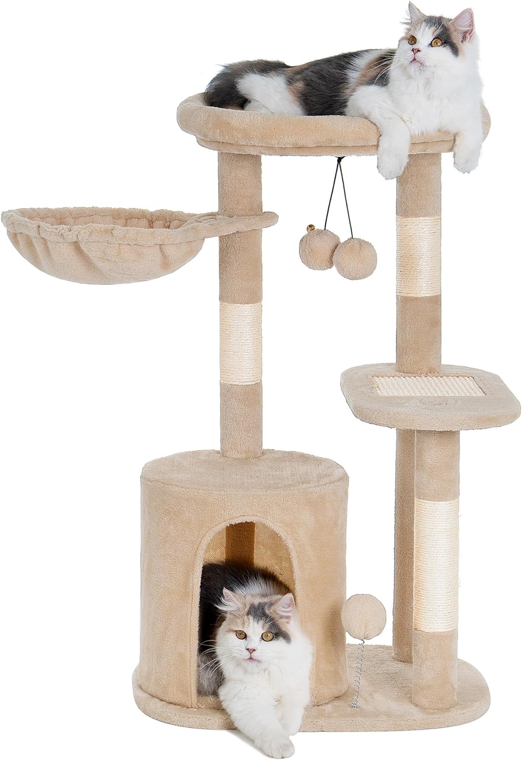 Small Cat Tree Tower for Indoor with Cat Condo and Deep Hammock, Cat Tower with Nature Sisal Scratching Post & Hanging Balls for Kittens - Beige