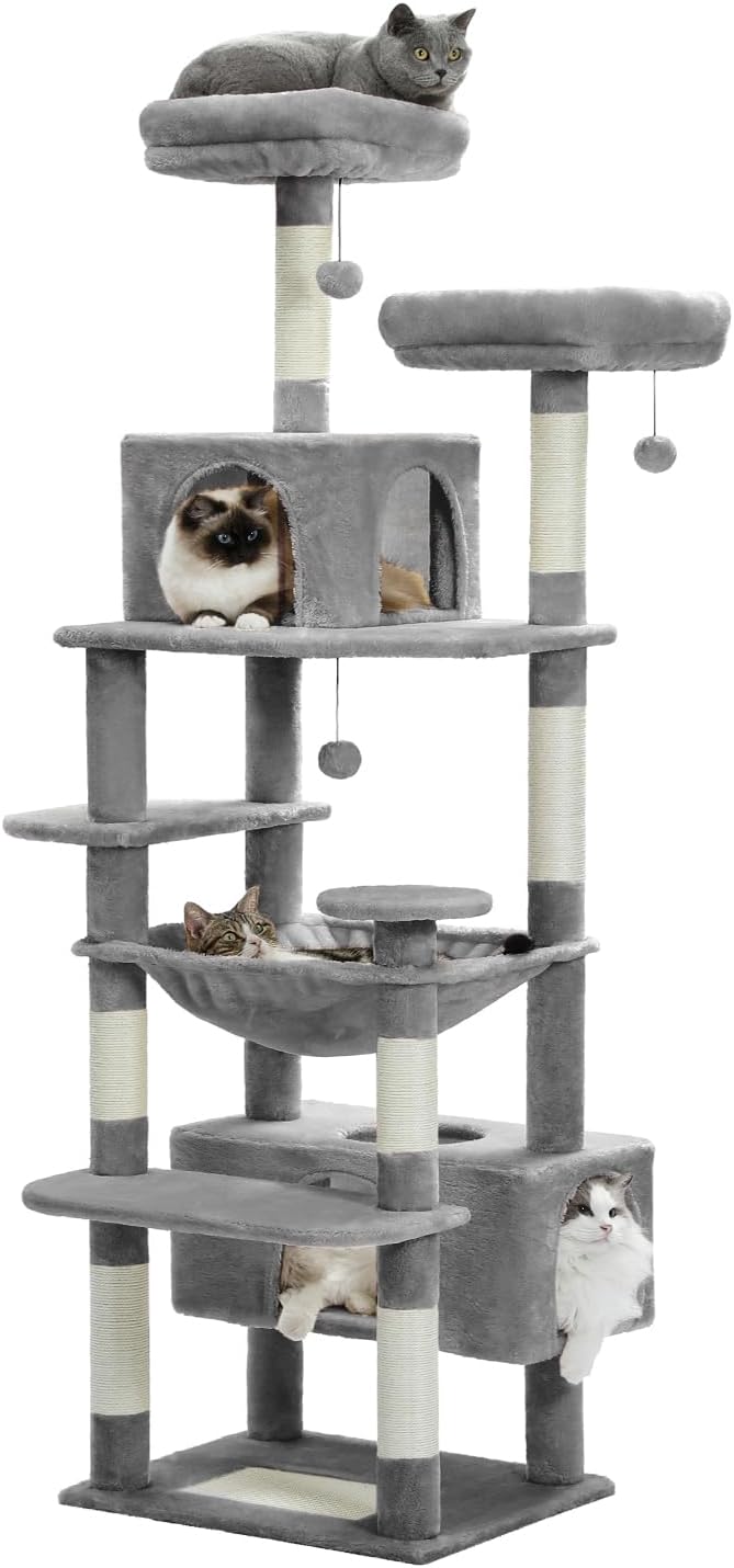 PAWZ Road Large 72 Inch Cat Tree and Tower for Indoor Cats - With Sisal-Covered Scratching Posts, Padded Perches, Condos, and Basket - Gray