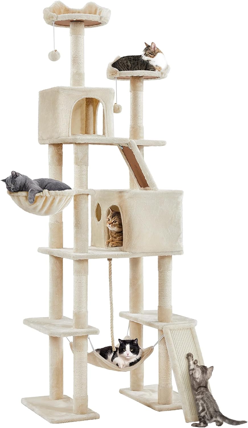 Yaheetech 82.5in Large Cat Tree, Multi-Level Cat Tower w/ 2 Cozy Condos, 2 Cat-Ear Perches, Scratching Posts, Hammock, Basket, Cat Furniture for Indoor Cats, Kittens, Beige