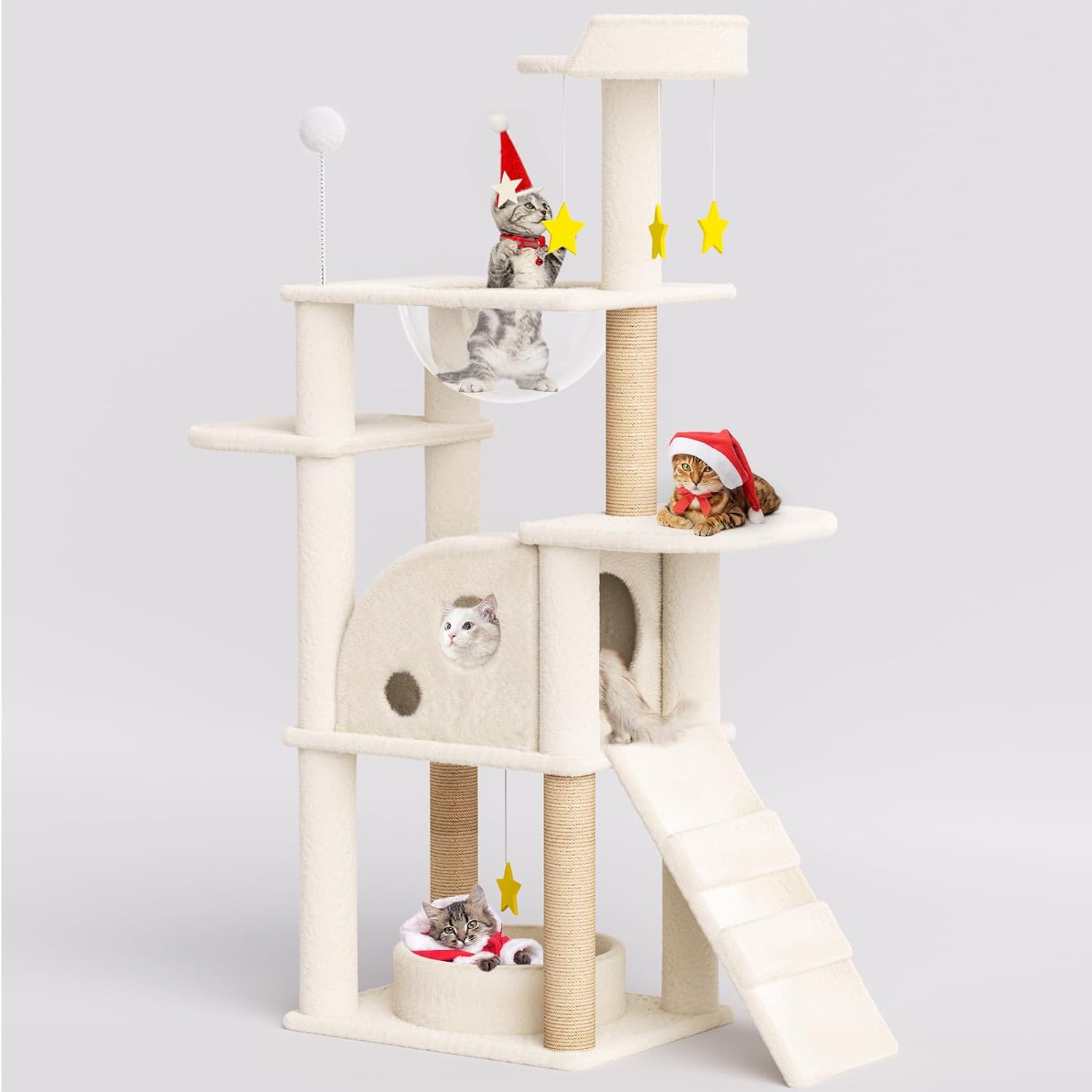 X XBEN 55in Cat Tree Tower, Multi-Level Cat Condo for Large Cats with Large Space Capsule Nest, Cave, Step Ladder, Scratching Posts, Kitten Furniture Condo Activity Center Play House, Beige