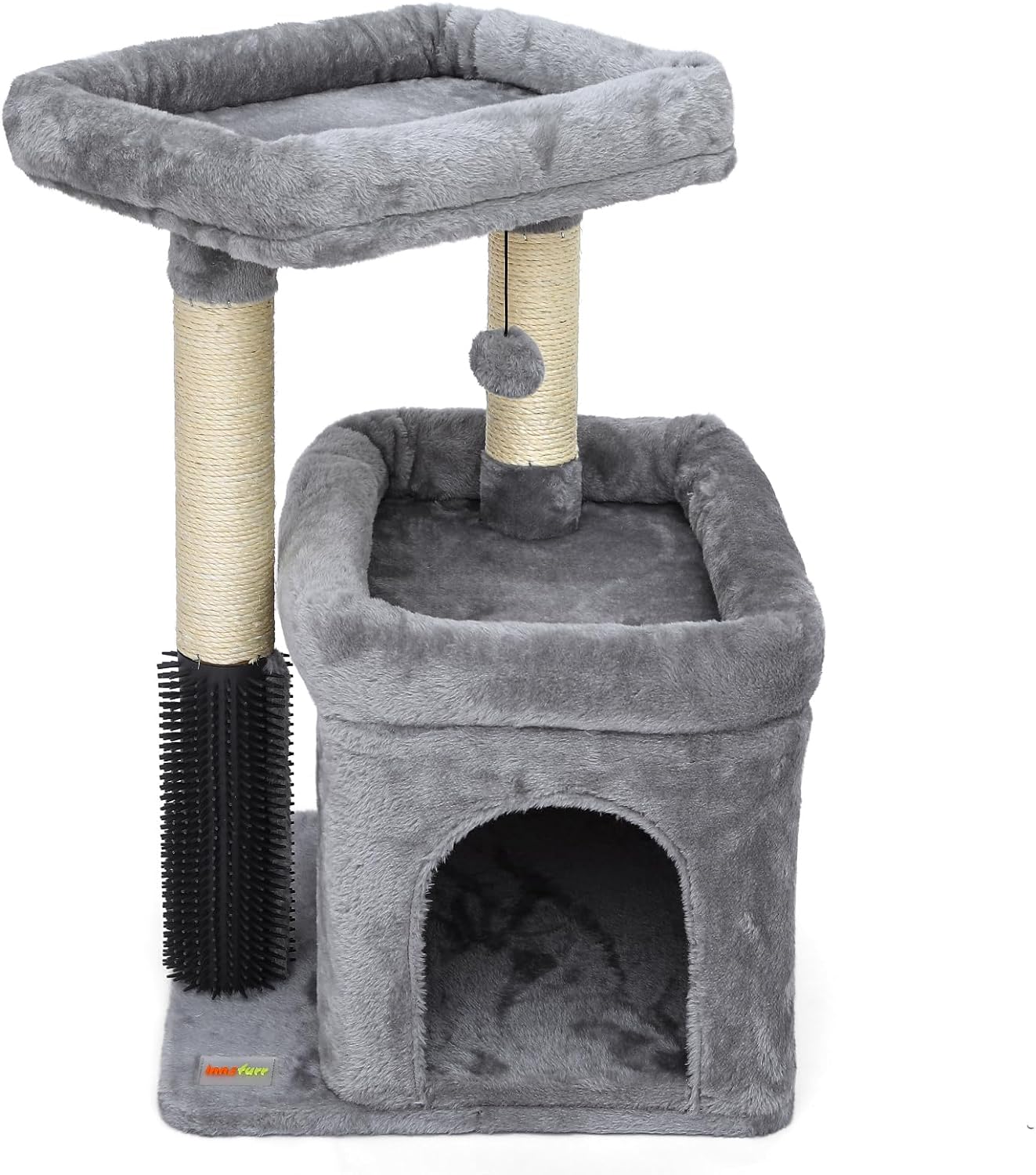 Small Cat Tree for Indoor Cats, Cat Scratching Post with Cat Condo Cat Tower for Multiple Cats, Plush Cozy Perch | Cat Massage Brush | Activity Hanging Pompoms for Kittens, Grey