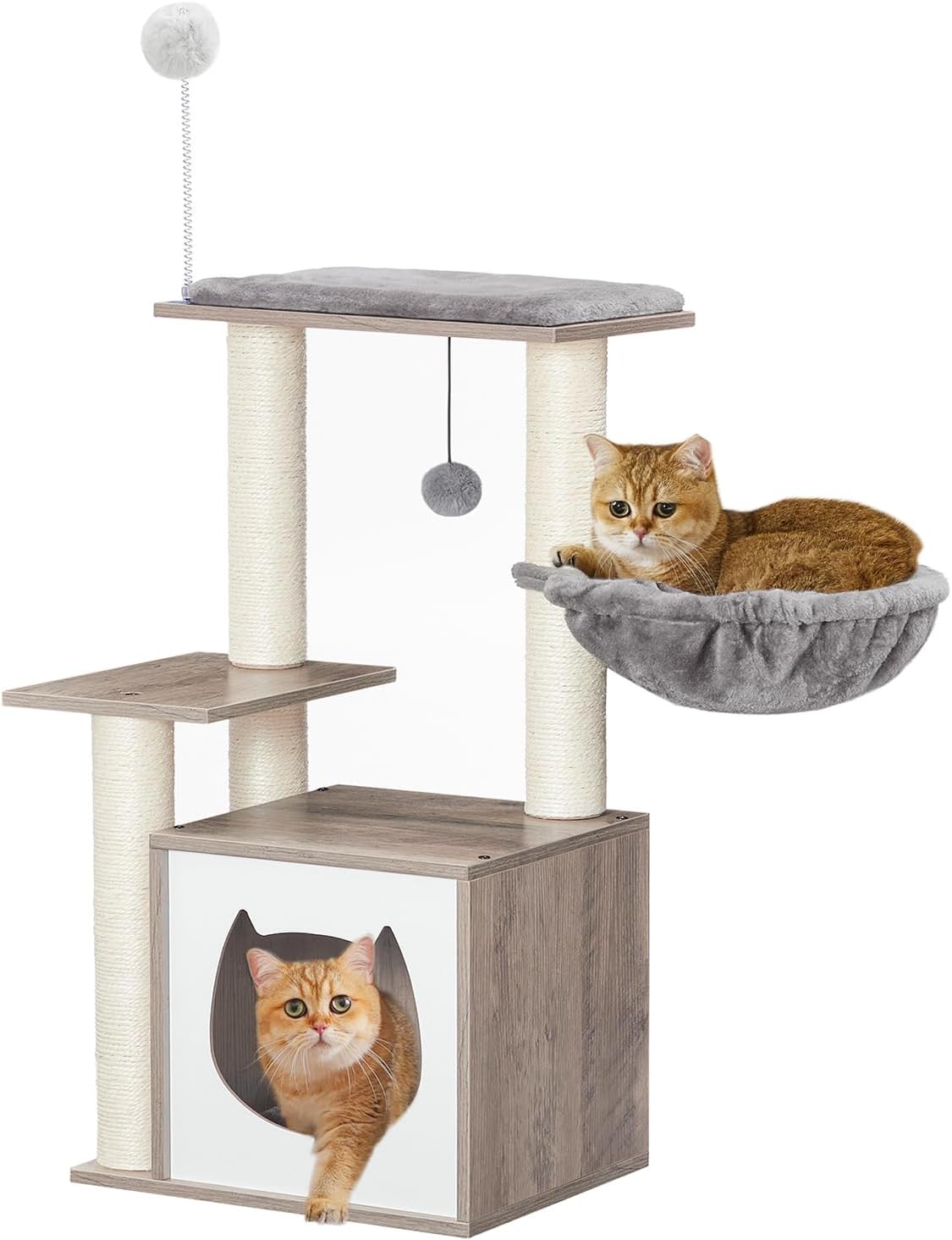 Cat Tree for Indoor Cats, Modern Cat Tower for Kittens Under 10 LB, Cat Tree with Hammock, Wooden Cat Condo with Cat Scratching Posts, Removable Washable Cushions, Greige BG43CT03