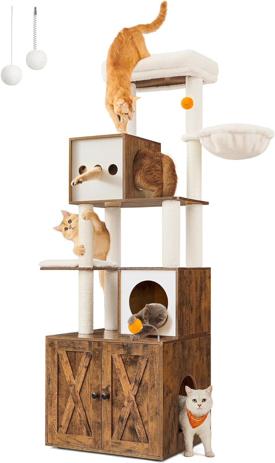 Feandrea Cat Tree with Litter Box Enclosure, 2-in-1 Modern Cat Tower, 72.8-Inch Tall Cat Condo with Scratching Posts, Perch, Caves, Basket, Washable Cushions, Rustic Brown UPCT116X01