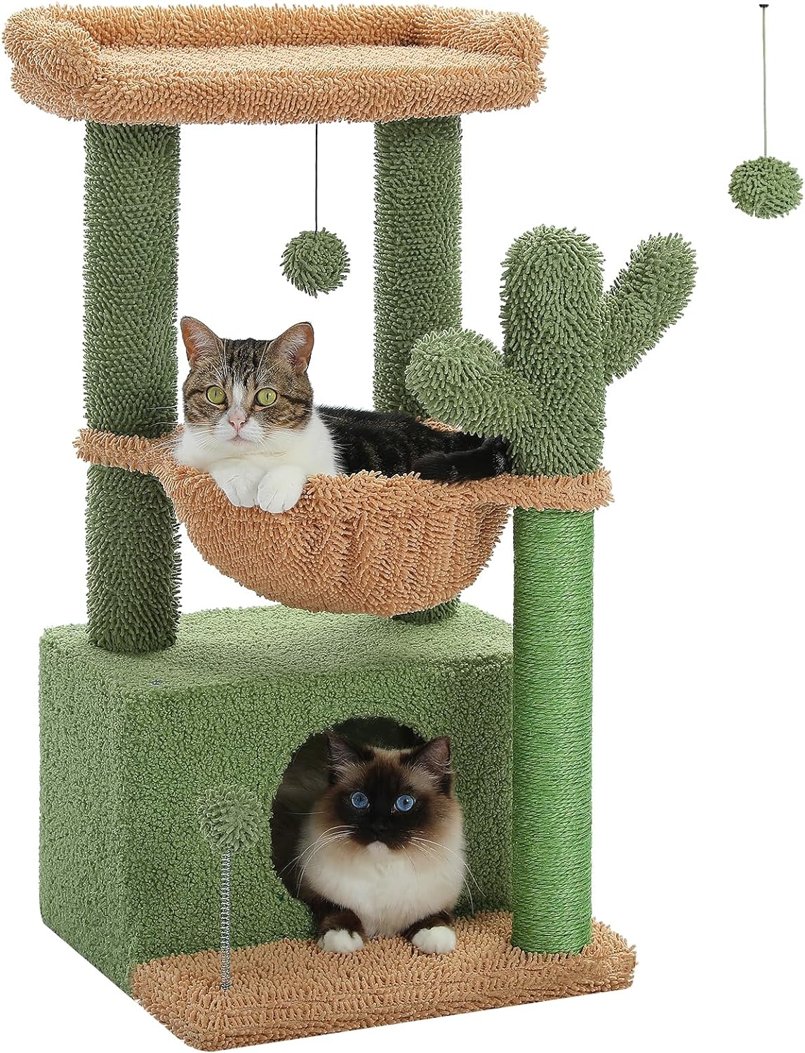 PEQUTLI 4-in-1 Cactus Cat Tree, 33 Inches, for Indoor Cats with Large Cat Condo, Cat Scratching Post, Deep Hammock & Cozy Perch, Green