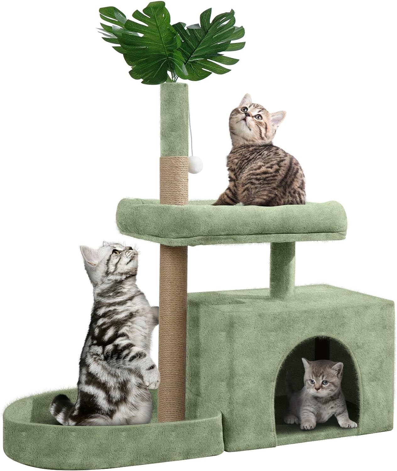 31 Cat Tree Tower for Small Medium Indoor Cats with Sisal Scratching Post, Cat Condo Cozy Plush Cat House with Hang Ball and Leaf Shape Design, Corner Cat Stand Cat Climbing Tower for Kittens (Green)