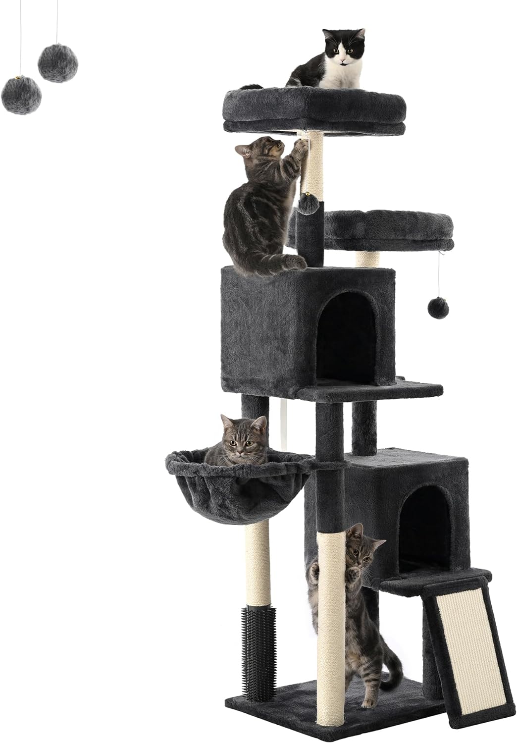 Cat Tree for Indoor Cats, 61.4in Cat Tower, Cat Condo, Two Cat Perch, Two Cat Caves, Soft Cat Basket, Sisal Scratching Stairs, Toys, Smoky Gray