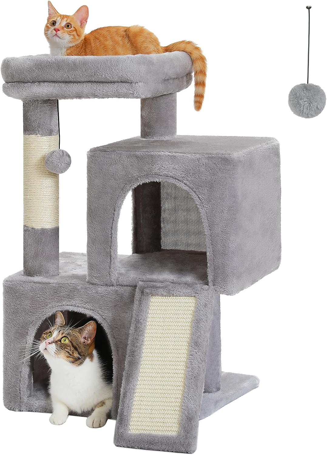 PAWZ Road Cat Tree, 30 Inches Cat Tower with Dual Condos for Indoor Cats, All-in-One Cat House with Padded Perch, Scratching Ramp and Posts and Replaceable Balls-Gray