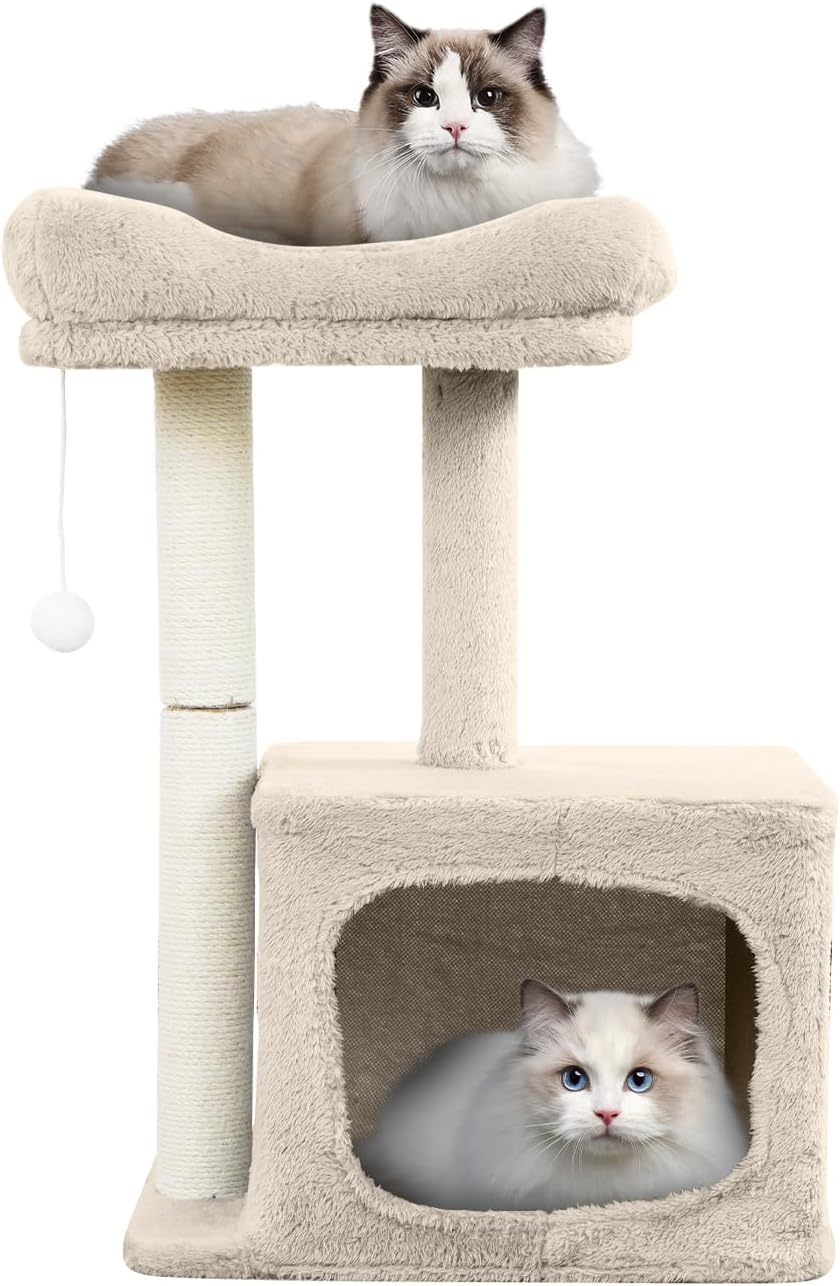 Small Cat Tree Tower with Scratching Post, Cat Condos for Indoor Cat and Kitty, 23.62 Mini Cat Stand with Top Perch (Mat Included), Cat Climbing Tower with Bed for Sleeping, Climbing, Playing (White)