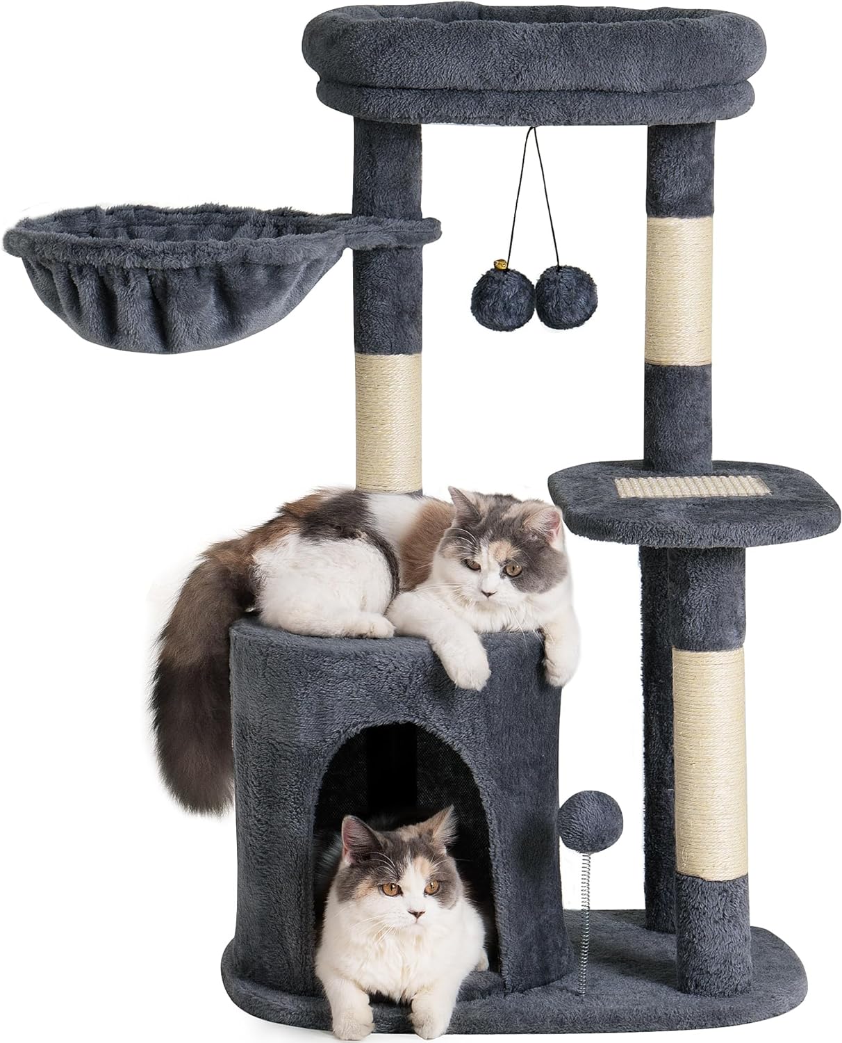 Small Cat Tree Tower for Indoor with Cat Condo and Deep Hammock, Cat Tower with Nature Sisal Scratching Post & Hanging Balls for Kittens - Dark Gray