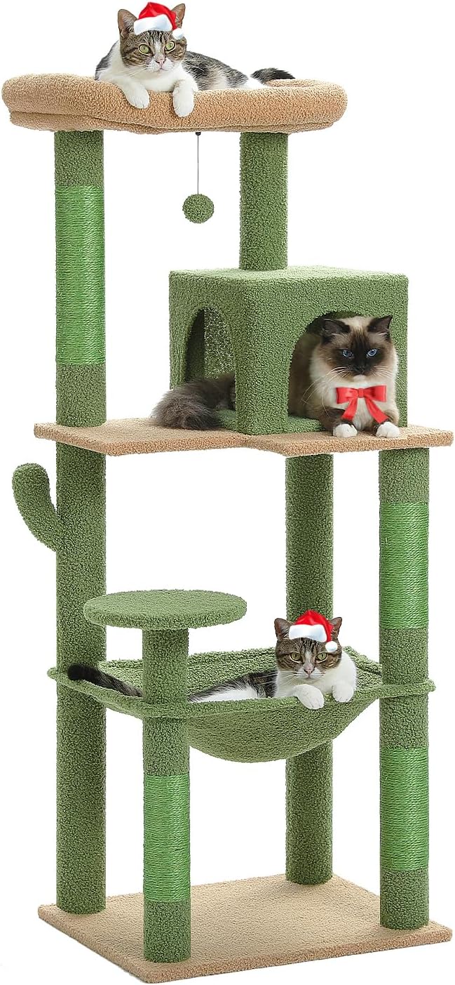 Cat Tree for Large Cats with Metal Plush Big Hammock, 56.3 Cat Tower for Indoor Cats with 2 Door Condo House, 6-Tier Cat Shelves with Scratching Posts and Large Top Perch, Green