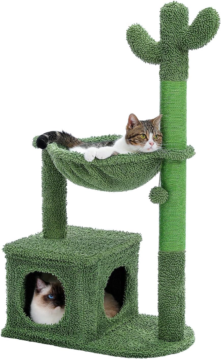 Cactus Cat Tree 40 Cat Tower with Large Metal Carpet Hammock, Cat Scratching Post for Indoor Cats with Condo& Dangling Ball, Green