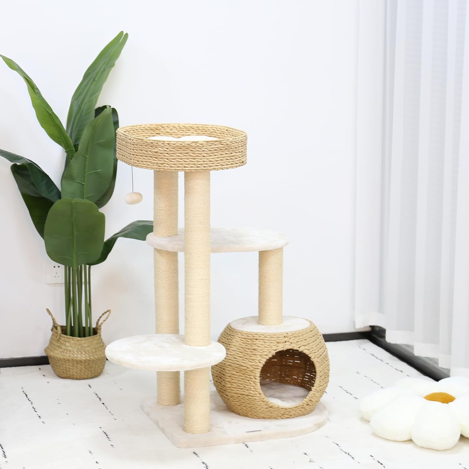 Modern Cat Tree, Cat Tree for Indoor Cats w/Natural Sisal Scratching Posts, Hand-Woven Condo & Top Perch, 39 Tall Cat Tree for Kittens Climb Play Rest