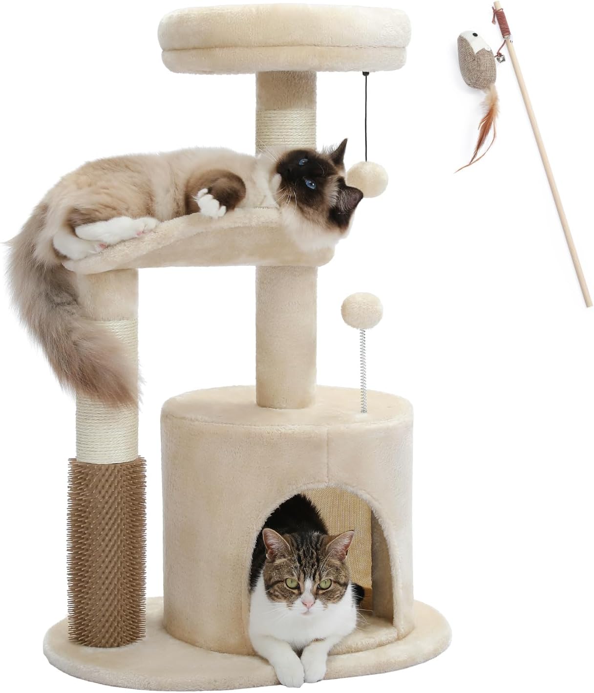 Small Cat Tree for Indoor Cats, Medium Cat Tower with Interactive Cat Toy, 32.7 Cat Condo with Self Groomer Brush, Natural Cat Scratching Post, Dangling Balls for Small & Medium Cats, Beige