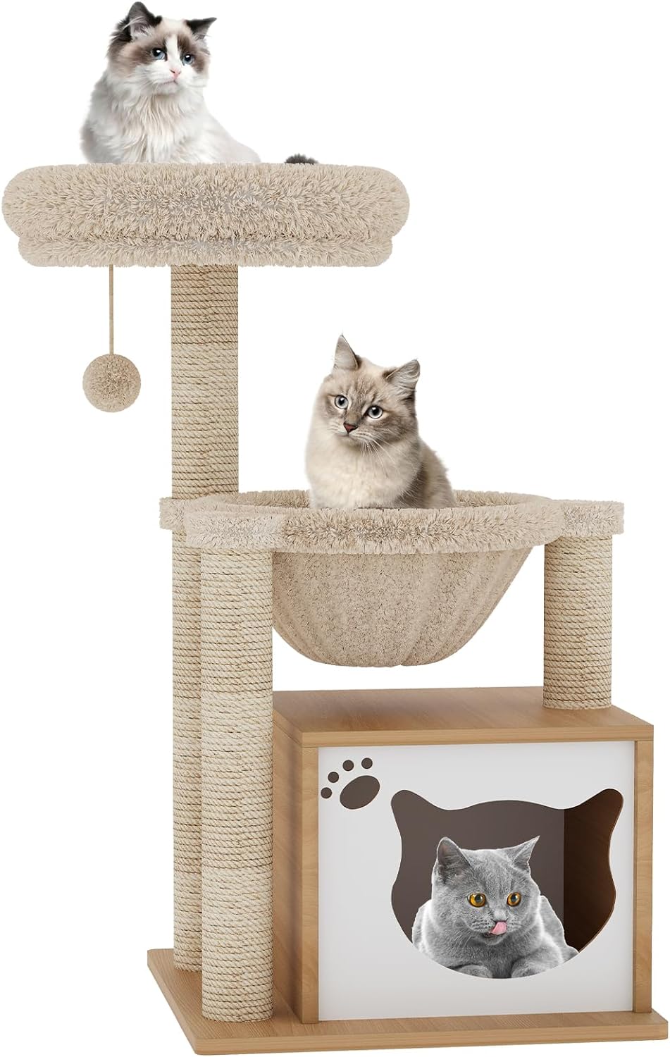 Cat Tree Tower 34in Cute Cat Furniture Morden Multi-Level Cat Tree Beds with Scratching Posts, Wooden Condo, Basket Hammock Hanging Ball,Platform (Beige)