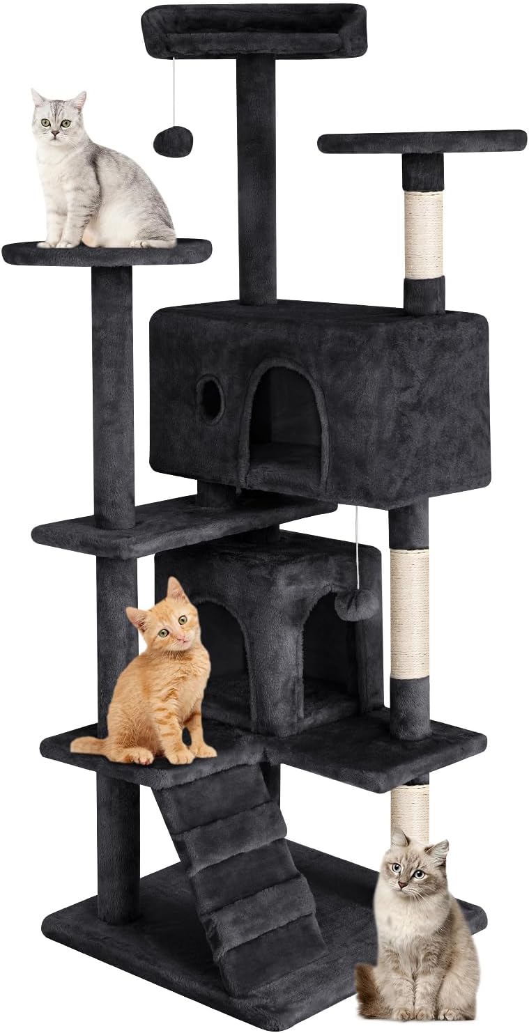 PayLessHere Cat Tree 54in Cat Tower with Cat Scratching Post,Multi-Level Cat Condo Stand House Furniture Kitty Activity Center with Furry Ball Toys Cat Tree for Indoor Cats (54in, Dark Grey)