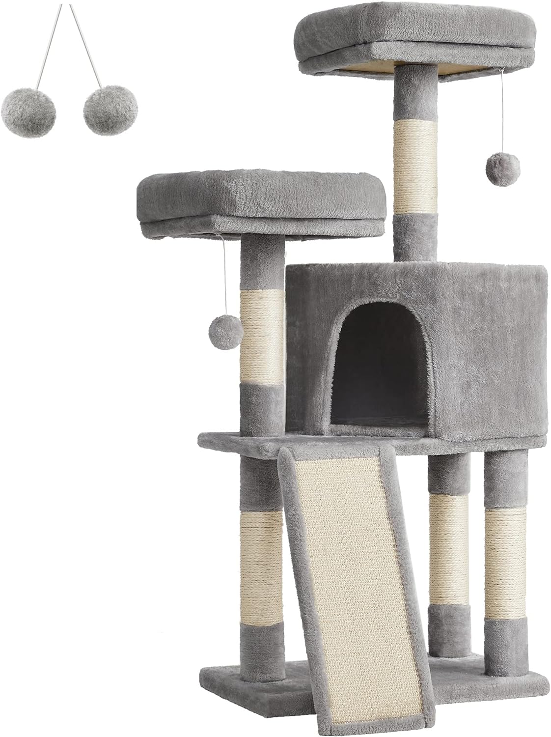 Feandrea Cat Tower, Cat Tree for Indoor Cats, 45.3-Inch Cat Condo with Scratching Post, Ramp, Perch, Spacious Cat Cave, for Kittens, Elderly Cats, Adult Cats, Small Space, Light Gray UPCT141W01