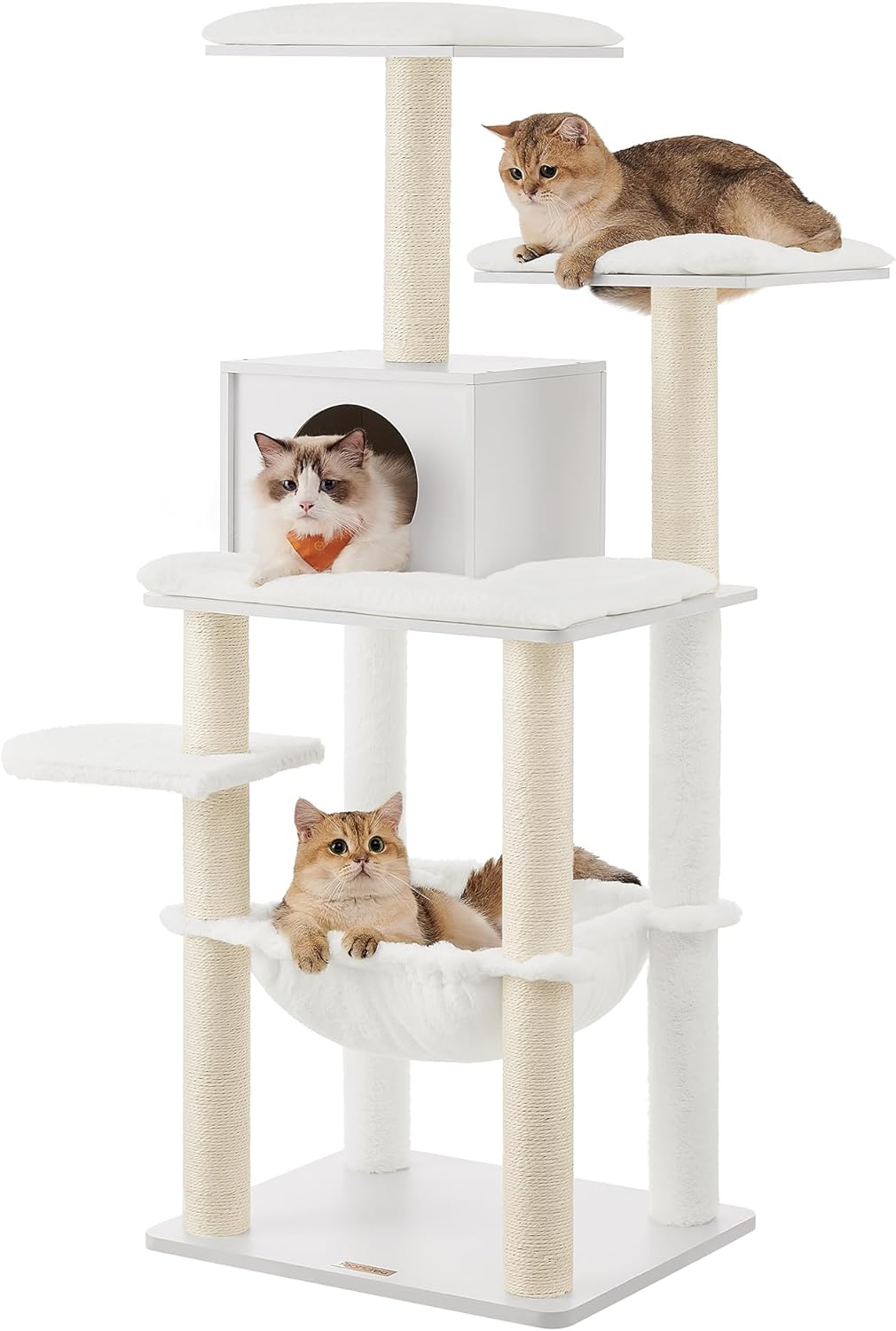 Feandrea WoodyWonders Cat Tree, Modern Cat Tower for Indoor Cats, 54.3-Inch Multi-Level Cat Condo, Ultra-Soft Plush, Scratching Posts, Hammock, Removable, Washable Cushions, Cloud White UPCT164W01